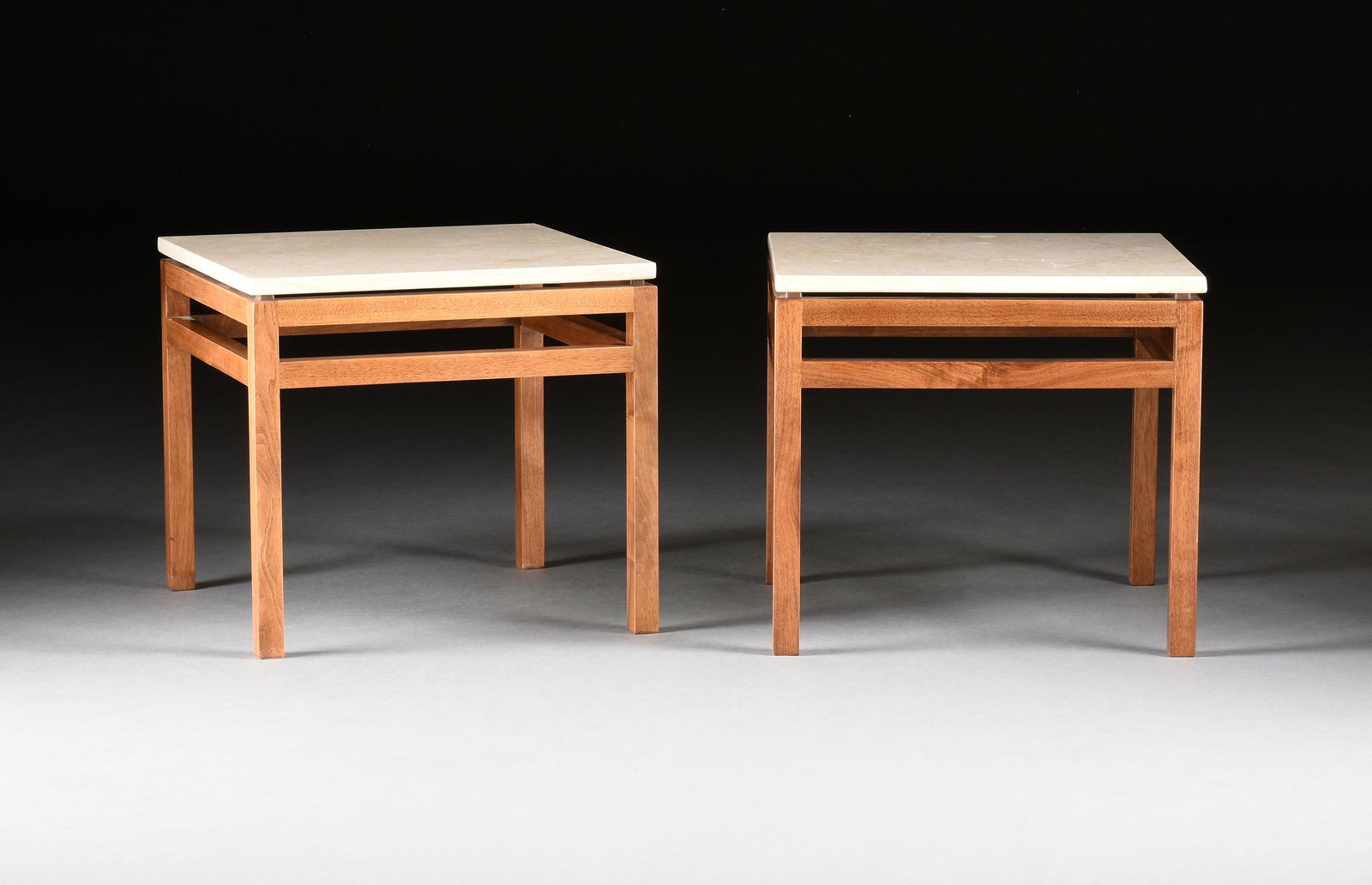 A PAIR OF VINTAGE MODERN MARBLE TOPPED WALNUT SIDE TABLES, SECOND HALF 20TH CENTURY, (1 of 8)