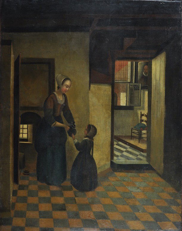 DUTCH SCHOOL (late 17th Century) A PAINTING, "Mothe: DUTCH SCHOOL (late 17th Century) A PAINTING, "Mother's Little Helper," oil on canvas. 39 3/4" x 31 1/4".