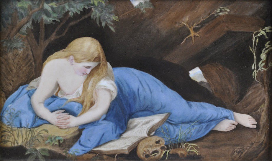 A KPM PORCELAIN PLAQUE "BUESSENDE MAGDALENA," afte: A KPM PORCELAIN PLAQUE "BUESSENDE MAGDALENA," after a painting of the Rococo era painter Pompeo Girolamo Batoni (170801787). 7 1/2" x 13". Framed.