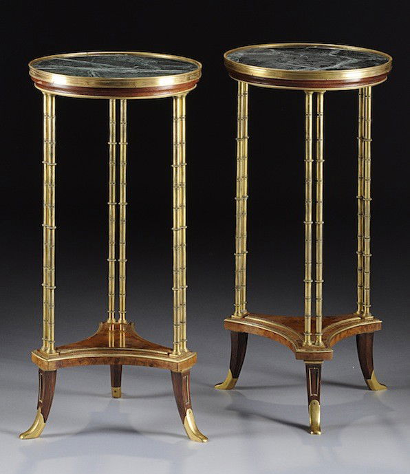 A PAIR OF LOUIS XVI STYLE GILT BRONZE , BURL AMBOY: A PAIR OF LOUIS XVI STYLE GILT BRONZE , BURL AMBOYNA, AND MARBLE TOP GUÉRIDONS, AFTER A MODEL BY ADAM WEISWEILER, LATE 19TH CENTURY, the circular verde antico marble top within a molded border on pai
