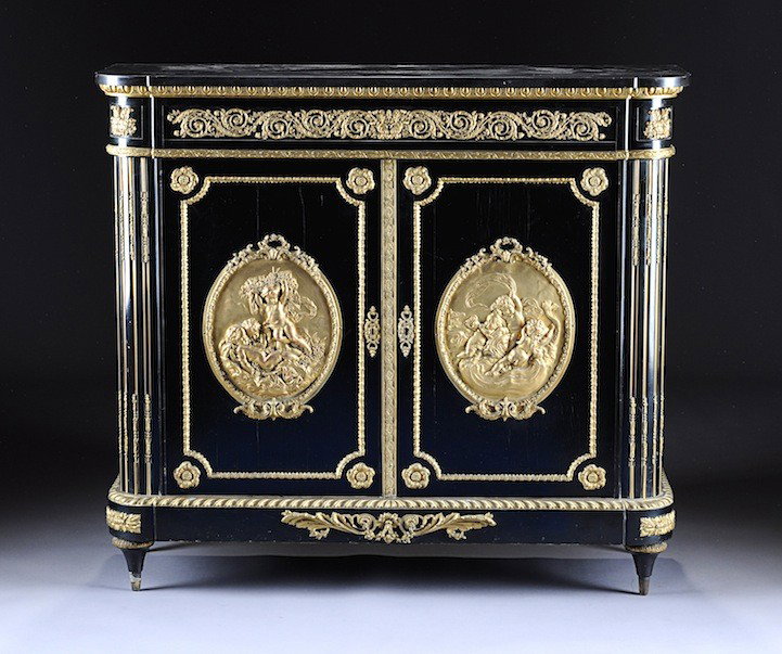 A FINE LOUIS XVI STYLE GILT BRONZE MOUNTED EBONY M: A FINE LOUIS XVI STYLE GILT BRONZE MOUNTED EBONY MEUBLE À HAUTEUR D’APPUI, BY BEFORT JEUNE, LATE 19TH CENTURY, the rounded rectangular marmo nero Belgio top above a frieze drawer enclosing a crispl