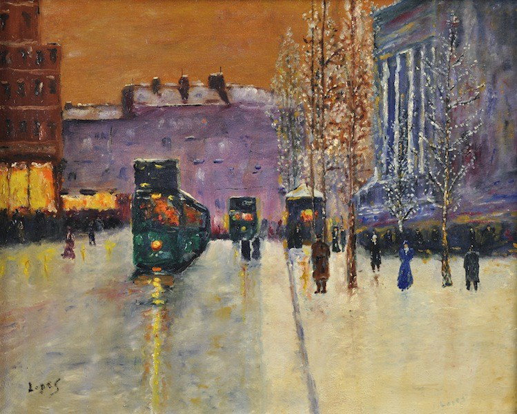 NICHOLAS LOPES (American Contemporary) A PAINTING,: NICHOLAS LOPES (American Contemporary) A PAINTING, "Paris Street Scene, with Trolley," oil on canvas, signed L/L. 16" x 20". Framed.
