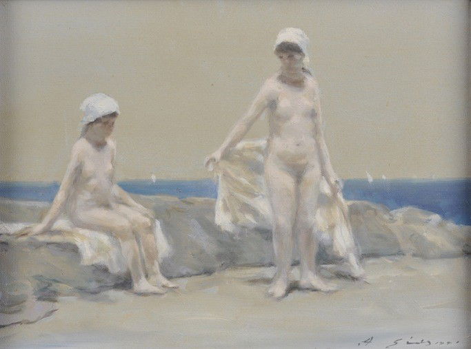ANDRE GISSON (French 1921-2003) A PAINTING, "Bathe: ANDRE GISSON (French 1921-2003) A PAINTING, "Bathers Private," oil on canvas, signed L/R. 9" x 12". Framed. Inscriptions on reverse including signature.