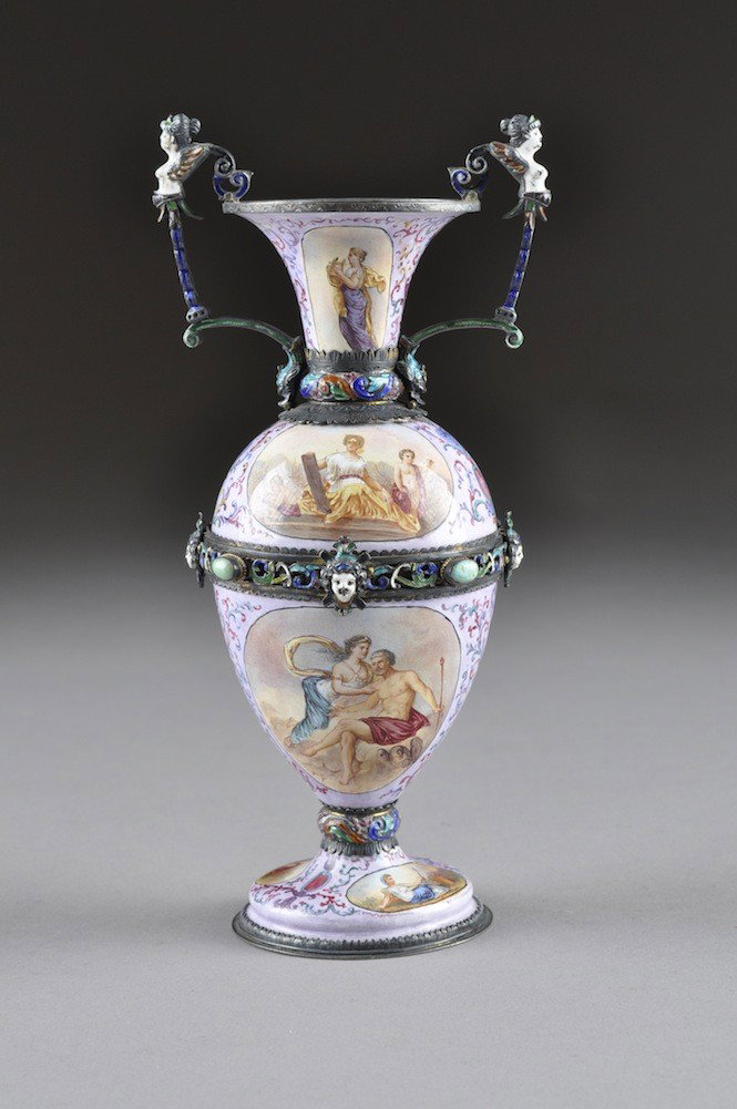 AN AUSTRIAN TURQUOISE MOUNTED SILVER AND ENAMEL VA: AN AUSTRIAN TURQUOISE MOUNTED SILVER AND ENAMEL VASE BY HERMANN BOEM, VIENNA, CIRCA 1890, of ovoid form and nicely painted with scenes of classical mythology, including the birth of Venus, partitioned