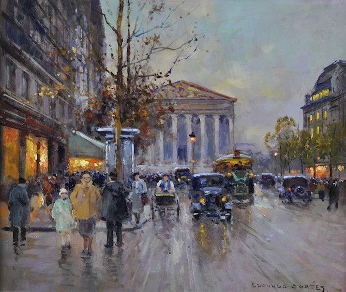 EDOUARD CORTES (French 1882-1969) A PAINTING, "Rue: EDOUARD CORTES (French 1882-1969) A PAINTING, "Rue Royale - Madeleine, Paris," oil on canvas, signed L/R. 18" x 21 1/2". Framed. Together with a letter of authentication from Mr. David Klein