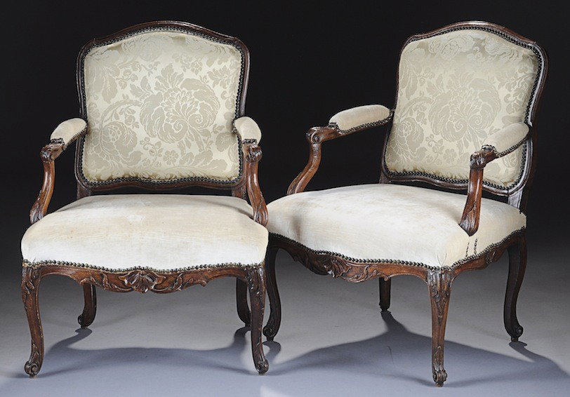 A RARE PAIR OF LOUIS XV CARVED BEECH FAUTEUILS À L: A RARE PAIR OF LOUIS XV CARVED BEECH FAUTEUILS À LA REINE, EACH STAMPED PÈRE-GOURDIN, CIRCA 1748. Père Gourdin, also known as Jean Gourdin, was given the title Maître Menuisier circa 1715. His wor