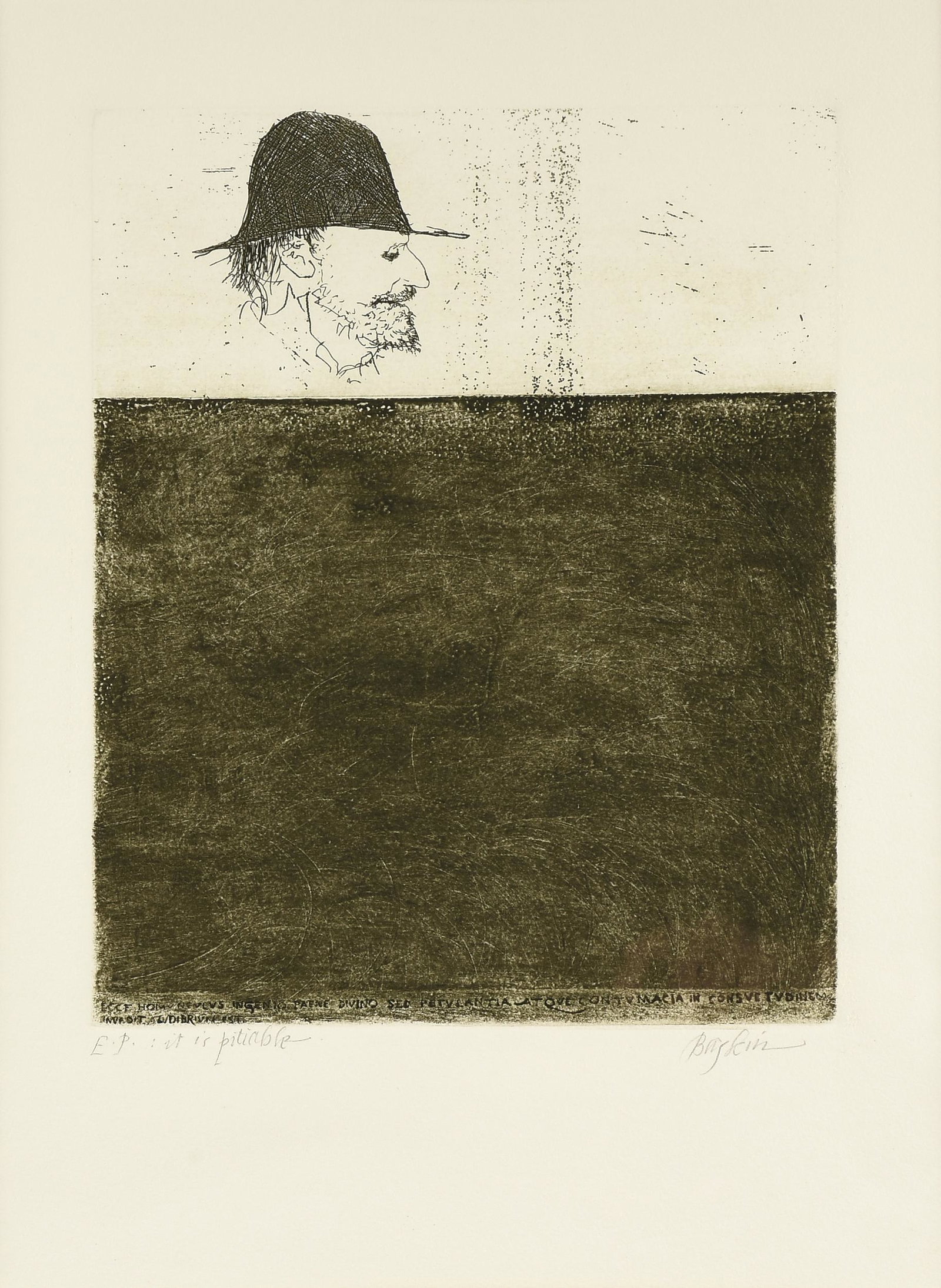 LEONARD BASKIN (American 1922-2000) A PRINT, "Ezra Pound: It is Pitiable," 1964,: LEONARD BASKIN (American 1922-2000) A PRINT, "Ezra Pound: It is Pitiable," 1964, etching on wove paper, signed in pencil L/R, "Baskin," and titled at L/L, "E.P.: it is pitiable;" 13 1/2'' x 10 1/4'',