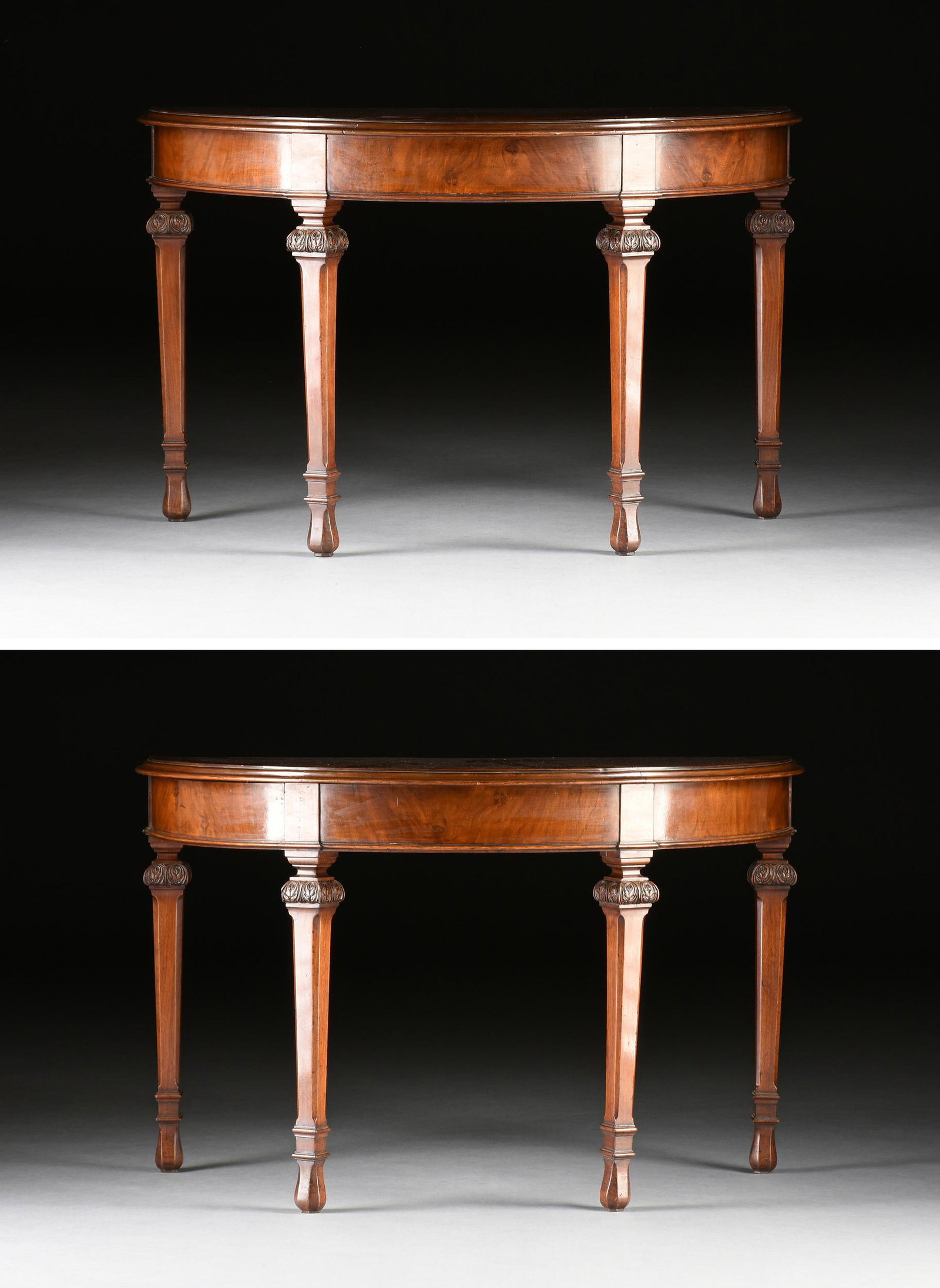 A PAIR OF BAROQUE REVIVAL STYLE WALNUT DEMI-LUNE CONSOLE TABLES, AMERICAN, 20TH CENTURY,: A PAIR OF BAROQUE REVIVAL STYLE WALNUT DEMI-LUNE CONSOLE TABLES, AMERICAN, 20TH CENTURY, each with a semi circular molded edge enclosing crossbanding and inlaid with book matched beautifully grained w