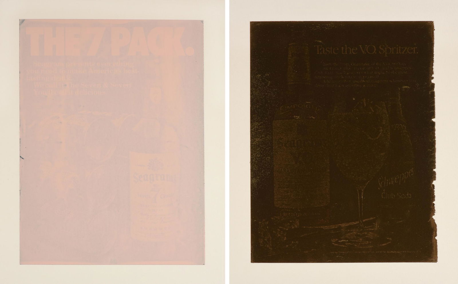 ADAM GONDEK (American b. 1979) TWO COLLAGE DRAWINGS, "Pink Ad," and "Gold Ad," 2013,: ADAM GONDEK (American b. 1979) TWO COLLAGE DRAWINGS, "Pink Ad," and "Gold Ad," 2013, each with enamel on magazine paper mounted on paper; each 18 3/4'' x 14 3/4'', framed 22 1/4'' x 18 1/4''.