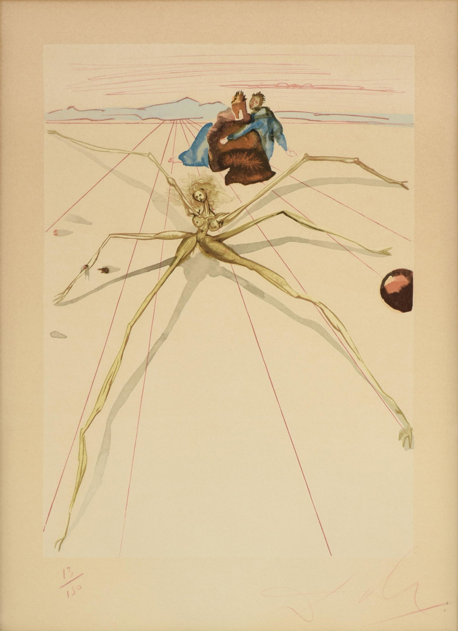 SALVADOR DALI (Spanish 1904-1989) A PRINT, "Arachné," CIRCA 1965,: SALVADOR DALI (Spanish 1904-1989) A PRINT, "Arachné," CIRCA 1965, lithograph in colors on paper, signed L/R in red, "Dali," special edition 13/150, verso a manuscript note and gallery stamp; 12" 