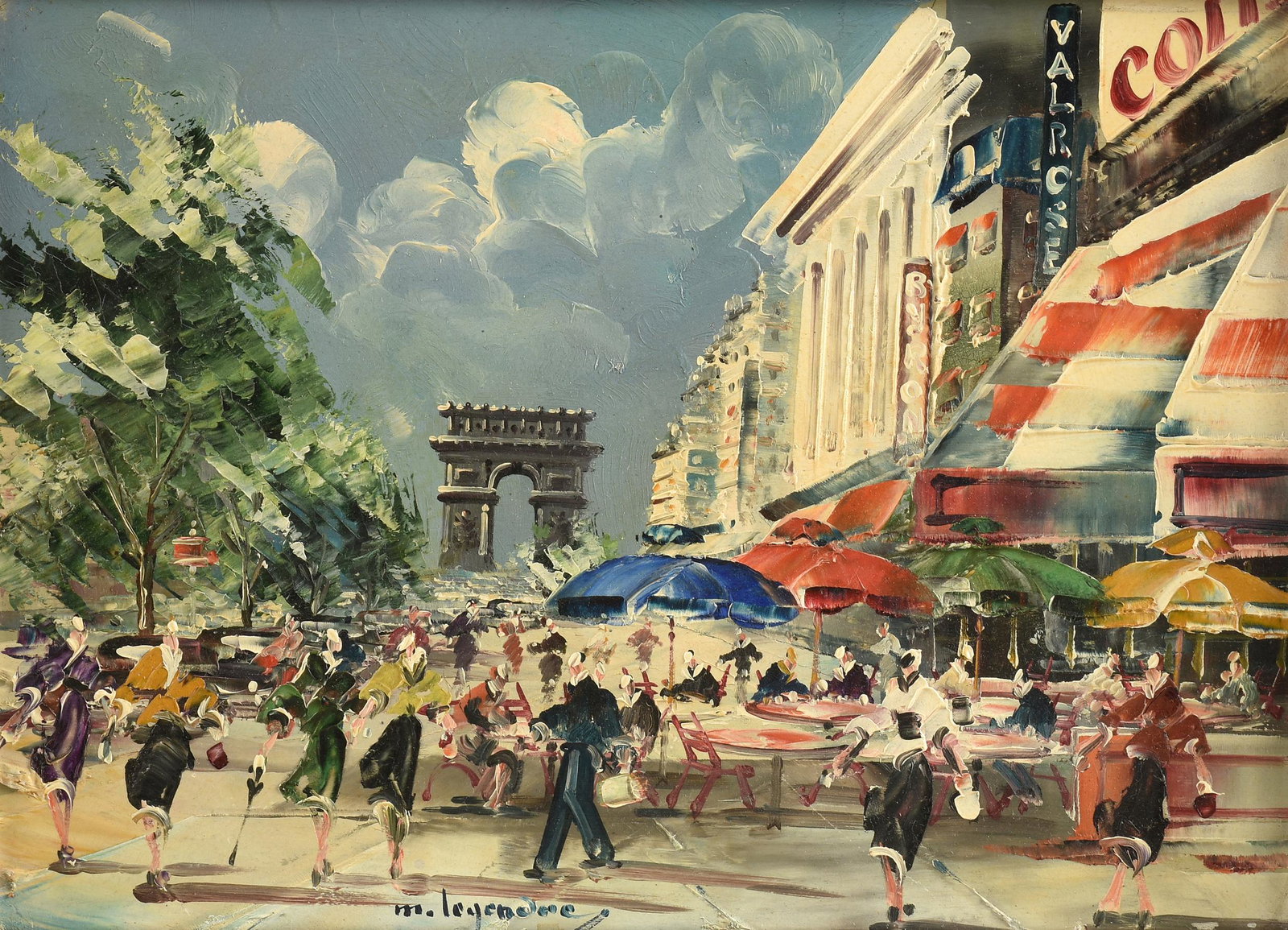 MAURICE LOUIS LEGENDRE (b.1928) A PAINTING, "Champs Elysées et L'Arc de Triomphe," PARIS,: MAURICE LOUIS LEGENDRE (b.1928) A PAINTING, "Champs Elysées et L'Arc de Triomphe," PARIS, 1940s, oil on wood panel, signed L/C, "M. Legendre," verso titled, signed and location; 9" x 12 3/4", fra