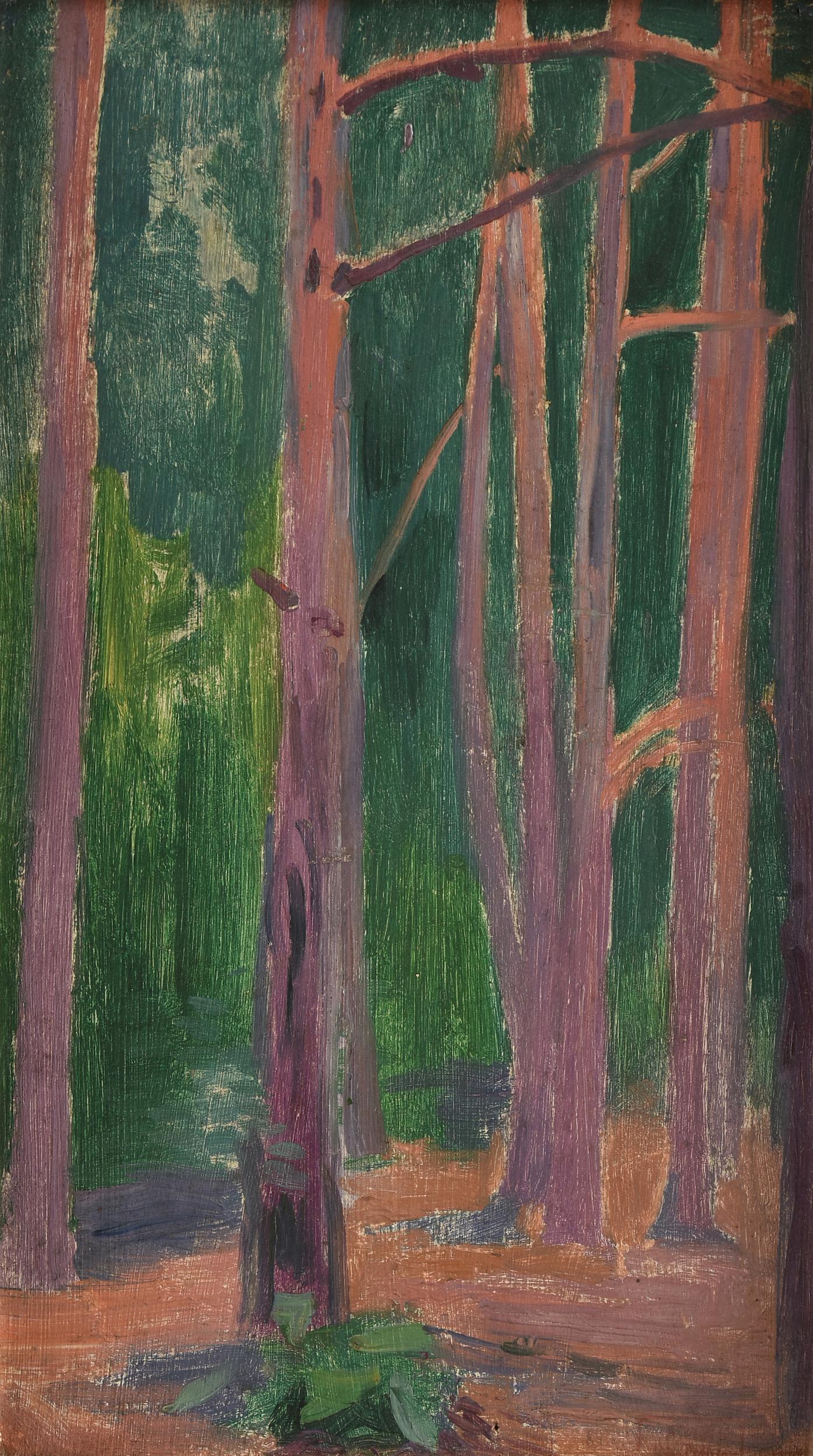 HIPPOLYTE PETITJEAN (French 1854-1929) A PAINTING, "Forest Landscape,": HIPPOLYTE PETITJEAN (French 1854-1929) A PAINTING, "Forest Landscape," oil on wood panel, signed L/R, "PetitJean," verso labels; 9" x 5", framed 13" x 9".