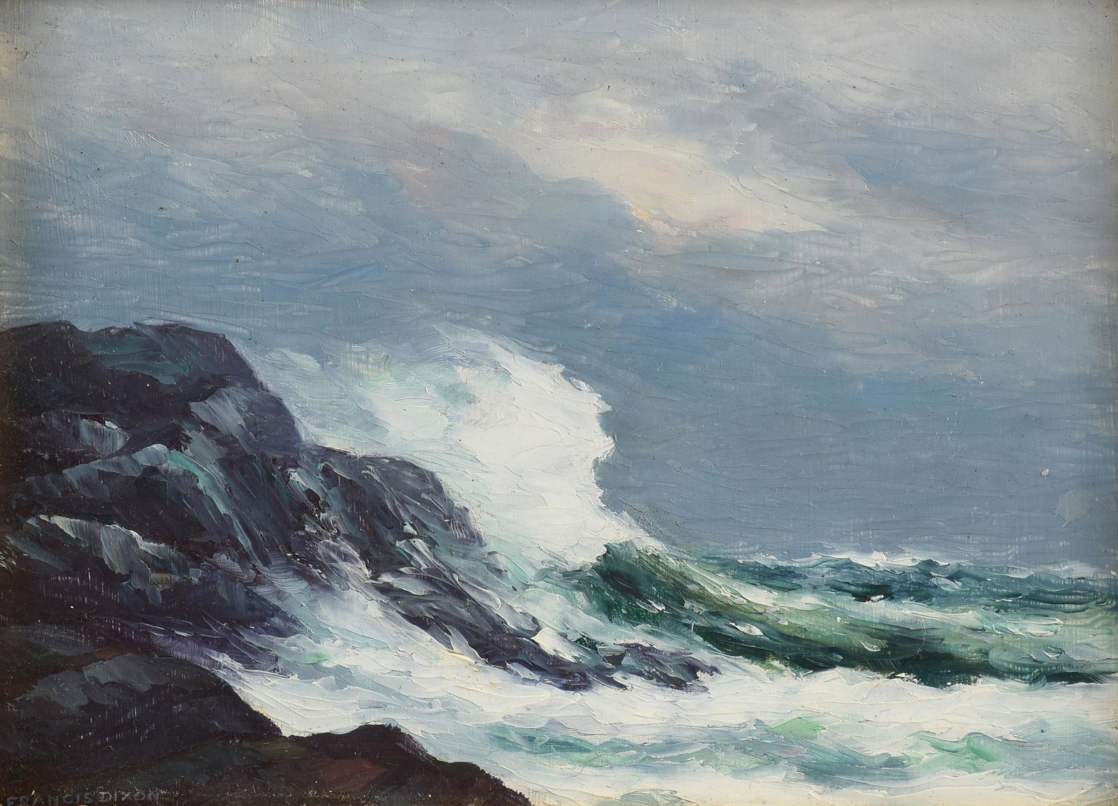 FRANCIS STILLWELL DIXON (American 1879-1967) A PAINTING, "Crashing Waves,": FRANCIS STILLWELL DIXON (American 1879-1967) A PAINTING, "Crashing Waves," oil on masonite, signed L/L, "Mason Dixon;" 4 1/2" x 6 1/2", framed 11 1/2" x 13 1/4". 