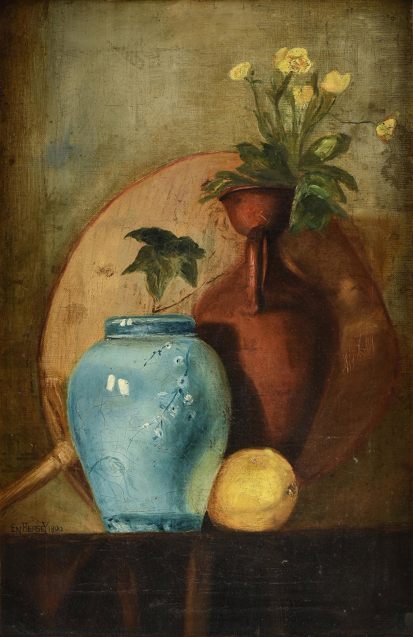 AMERICAN SCHOOL (19th Century) A PAINTING, "Still Life with Flowers, Vase and Lemon," 1890,: AMERICAN SCHOOL (19th Century) A PAINTING, "Still Life with Flowers, Vase and Lemon," 1890, oil on canvas, signed and dated L/L, "En Hersey 1890;" 17 1/2'' x 11 1/2'', framed 26'' x 20''. Note: Althou