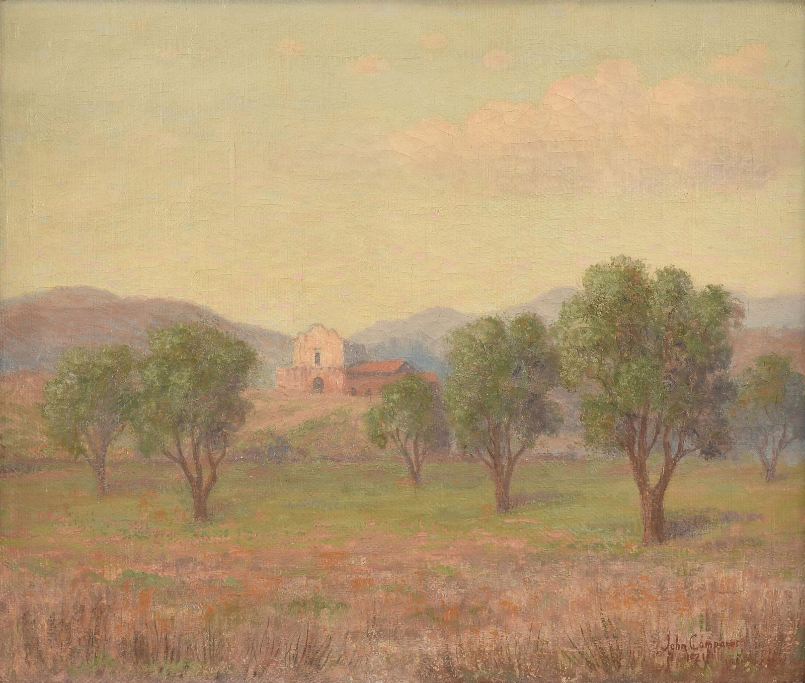 JOHN COMPARET (American 1848-1929) A PAINTING, "Mission San Diego de Alcalá," 1921,: JOHN COMPARET (American 1848-1929) A PAINTING, "Mission San Diego de Alcalá," 1921, oil and heavy gesso on burlap, signed and dated L/R, "John Comparet | 1921," verso a paper gallery label; 20" x