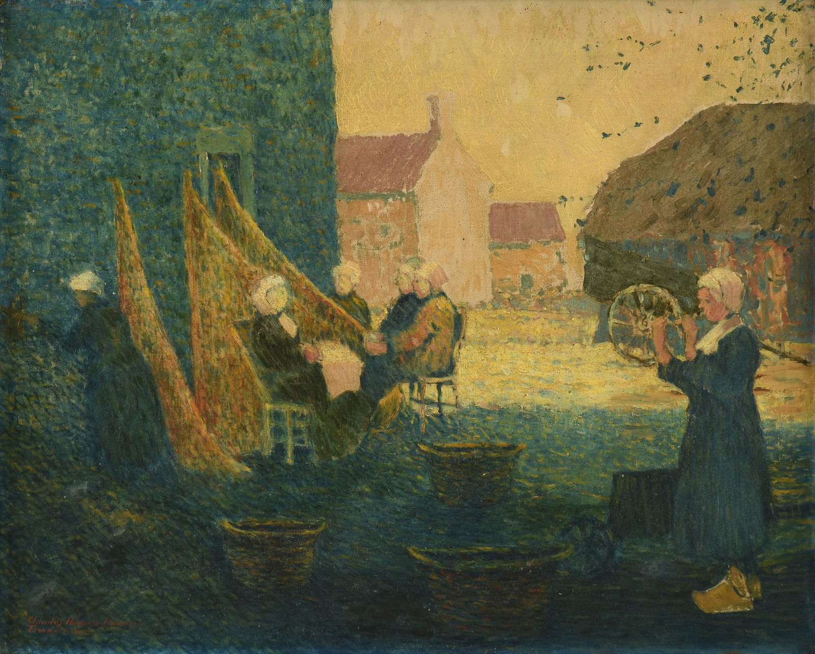 CHARLES HOWARD CLAWSON JR. (American 1889-1941) A NEO IMPRESSIONIST PAINTING, "Brittany Women: CHARLES HOWARD CLAWSON JR. (American 1889-1941) A NEO IMPRESSIONIST PAINTING, "Brittany Women Mending Fishing Nets," FRANCE, 1918, oil on canvas, signed, placed and dated L/L, "Charles Howard Clawson