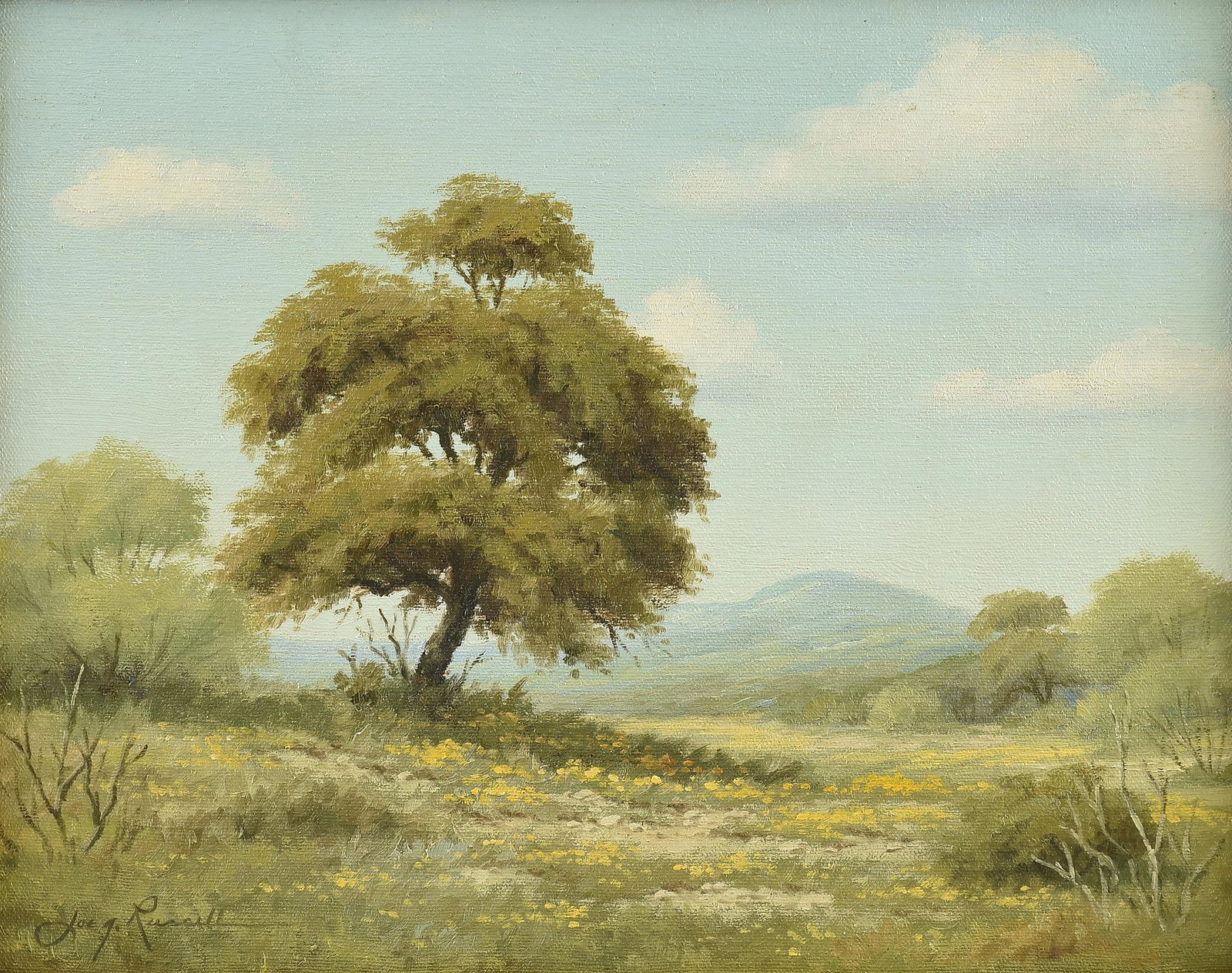 JOE G. RUSSELL (American/Texas 1926-2008) A PAINTING, "Summer Day," 20TH CENTURY,: JOE G. RUSSELL (American/Texas 1926-2008) A PAINTING, "Summer Day," 20TH CENTURY, oil on canvas, signed L/L, "Joe g. Russell," verso inscribed, "To Fifi Skidmore/ Best Wishes/ Joe N. Russell;" 11'' x 