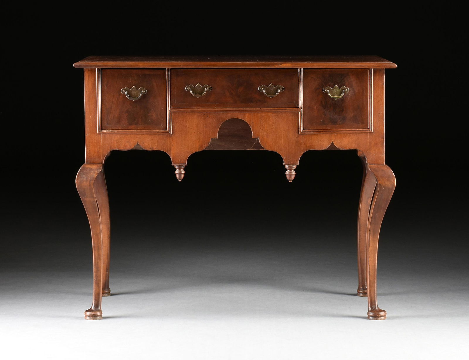 A QUEEN ANNE CHERRY LOWBOY, NEW ENGLAND, 18TH CENTURY AND LATER,: A QUEEN ANNE CHERRY LOWBOY, NEW ENGLAND, 18TH CENTURY AND LATER, the later rectangular crossbanded top centering matched inlaid panels within molded trim, above one central long drawer with crossbandi