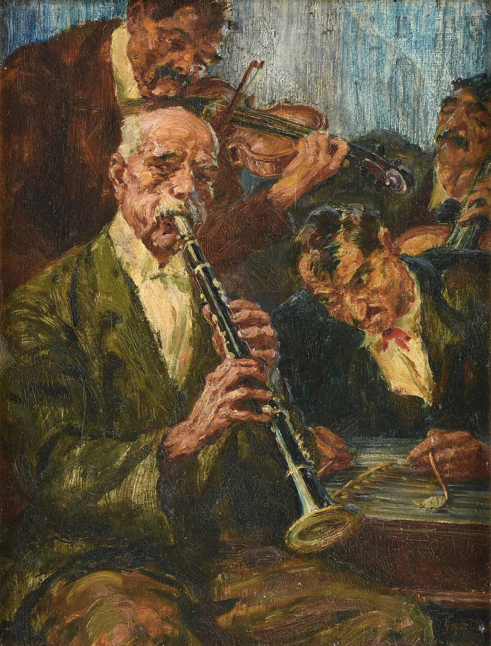 GYULA MERESZ (Hungarian 1888-1949) A PAINTING, "Baboso," CIRCA 1916,: GYULA MERESZ (Hungarian 1888-1949) A PAINTING, "Baboso," CIRCA 1916, oil on board, L/R, "Gyula Meresz. Baboso. 1916," verso a stamp, "LA MERESZ;" 26 1/4'' x 20'', framed 33 1/4'' x 26 3/4''.