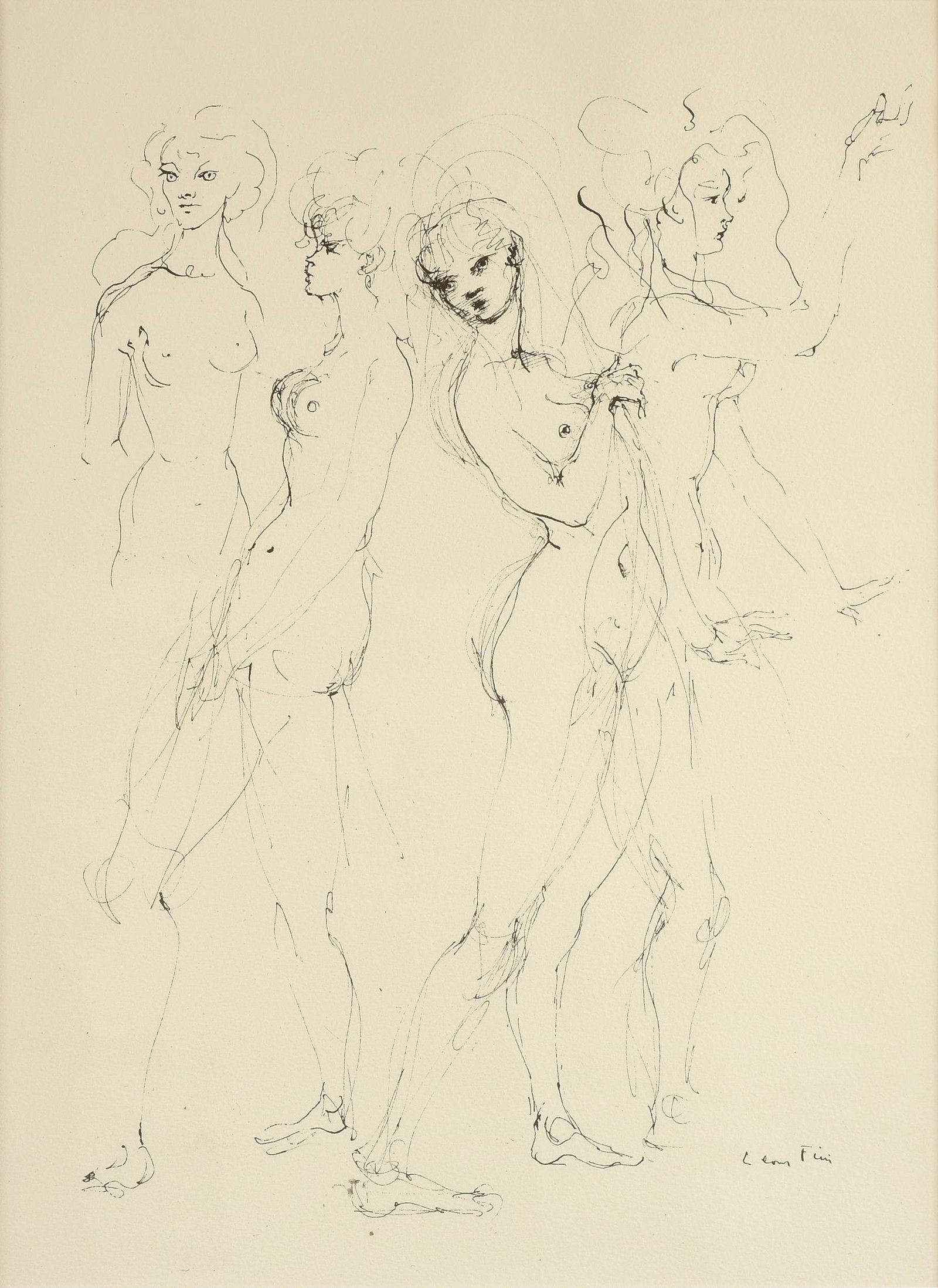 LEONOR FINI (Argentinian 1907-1996) A DRAWING, "Gestural Sketch of a Nude Woman,": LEONOR FINI (Argentinian 1907-1996) A DRAWING, "Gestural Sketch of a Nude Woman," ink on paper, signes L/R, "Leonor Fini;" 15" x 11", framed 19 1/2" x 15 3/4". Provenance: Collection of Lotty Gautschi