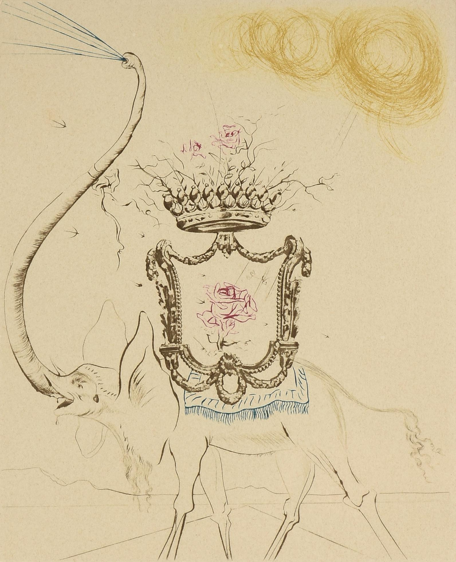 SALVADOR DALI (Spanish 1904-1989) A PRINT, "Elephant," 1968,: SALVADOR DALI (Spanish 1904-1989) A PRINT, "Elephant," 1968, drypoint etching printed in colors, signed in pencil L/R, "Dali," numbered L/L, "E.A.," aside from the numbered edition of 75, verso with o