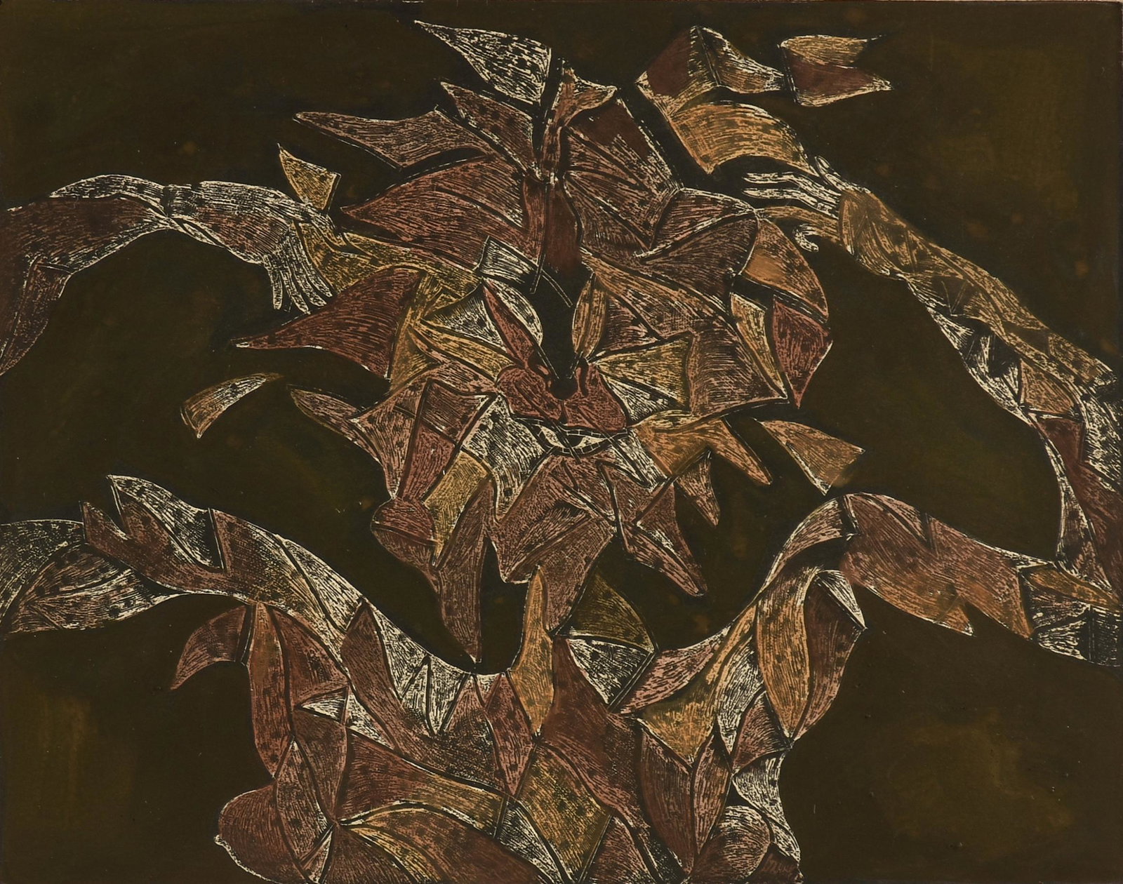 FRANCISCO TOLEDO (Mexican 1940-2019) A HAND-COLORED PRINT, "Self Portrait," 1970,: FRANCISCO TOLEDO (Mexican 1940-2019) A HAND-COLORED PRINT, "Self Portrait," 1970, watercolor over etching on paper, signed in pencil L/L, "Toledo," verso old gallery labels; 8 3/4'' x 10 3/4'', framed