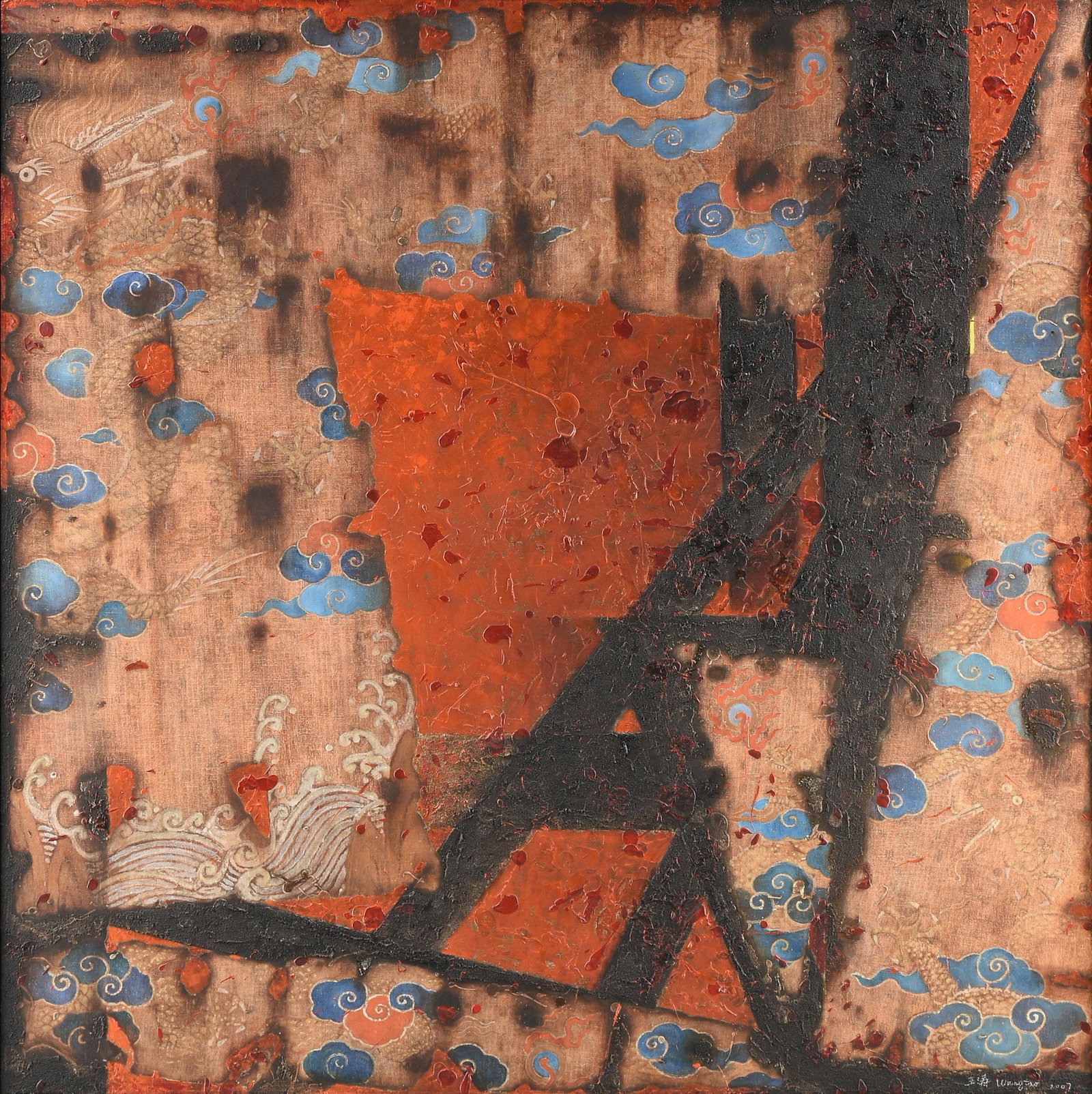 WANG TAO (Chinese b. 1943) A PAINTING, "Blue Clouds with Dragons (Untitled)," 2007,: WANG TAO (Chinese b. 1943) A PAINTING, "Blue Clouds with Dragons (Untitled)," 2007, acrylic and vintage paper on canvas, signed and dated L/R, verso inscribed and dated; 59 1/2" x 59", framed, 60" x 6