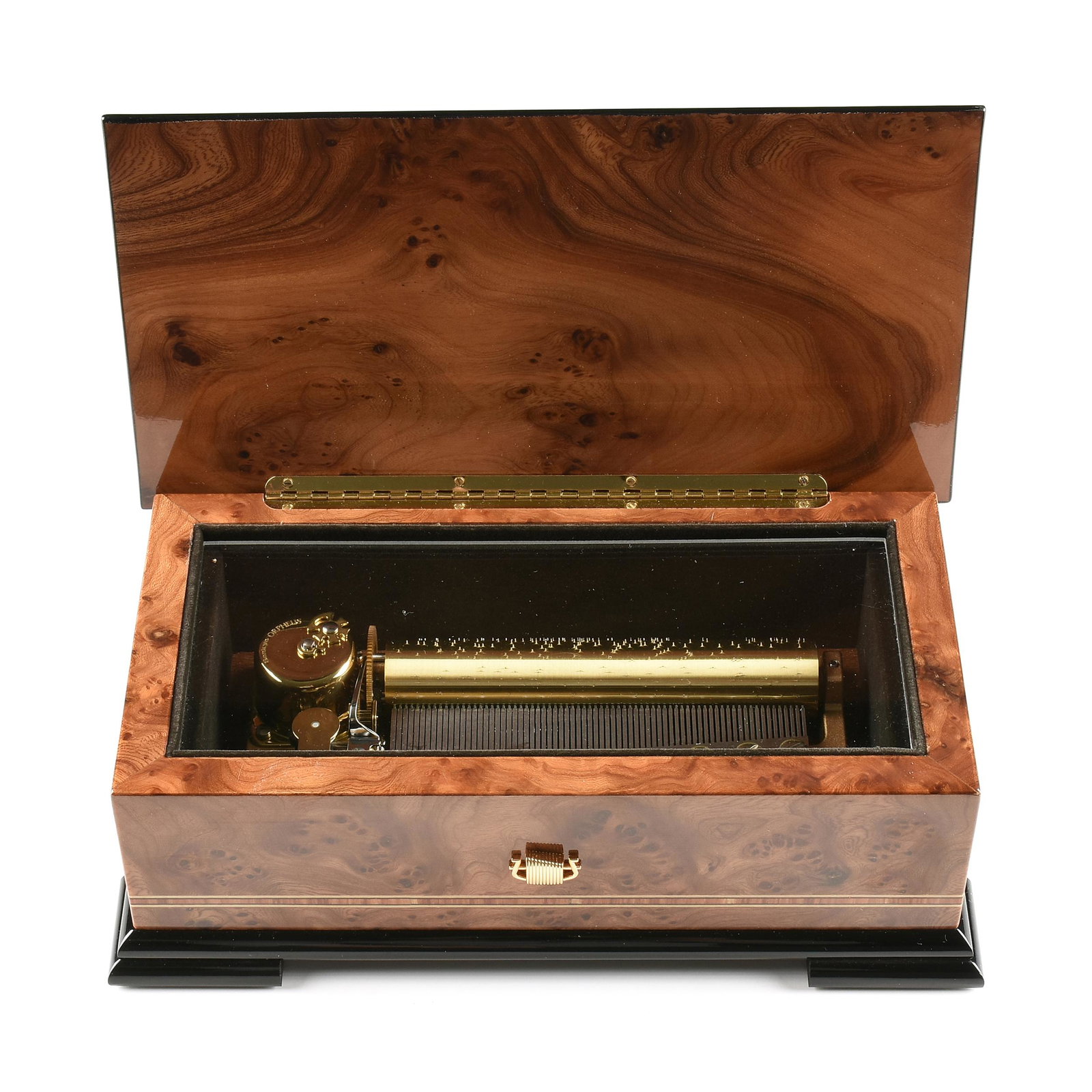 A SANKYO BURL WALNUT AND MARQUETRY MUSIC BOX, "Orpheus," JAPANESE AND ITALIAN, 21ST CENTURY,: A SANKYO BURL WALNUT AND MARQUETRY MUSIC BOX, "Orpheus," JAPANESE AND ITALIAN, 21ST CENTURY, the Italian made case of burl walnut with floral marquetry and banded inlay, opening to a glass lid over th