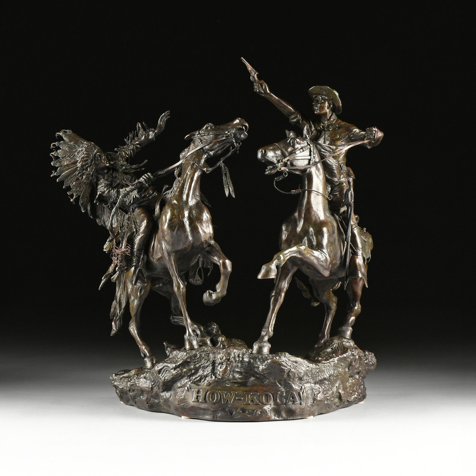after CARL KAUBA (Austrian 1865-1922) A SCULPTURE, "How-Kola," 20TH CENTURY,: after CARL KAUBA (Austrian 1865-1922) A SCULPTURE, "How-Kola," 20TH CENTURY, bronze, inscribed "C. Kauba," in the ground, the title, "HOW-KOLA!," is cast in the bronze at front. Height: 21 1/2'' Width