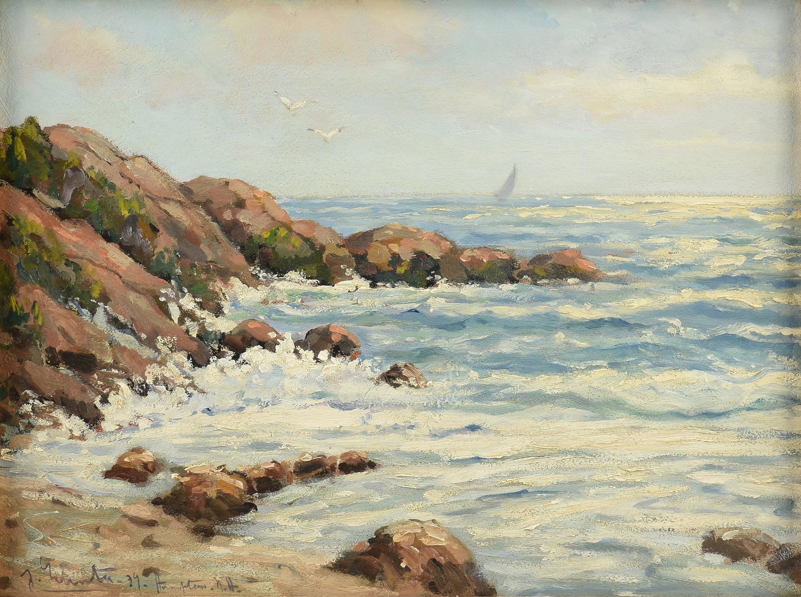 AMERICAN SCHOOL, A PAINTING, "Hampton, New Hampshire Coastline," 1939,: AMERICAN SCHOOL, A PAINTING, "Hampton, New Hampshire Coastline," 1939, oil on artist's board, indistinctly signed L/L and dated, "39," also inscribed, "Hamptons N.H.," 20 1/2'' x 27 1/2''.
