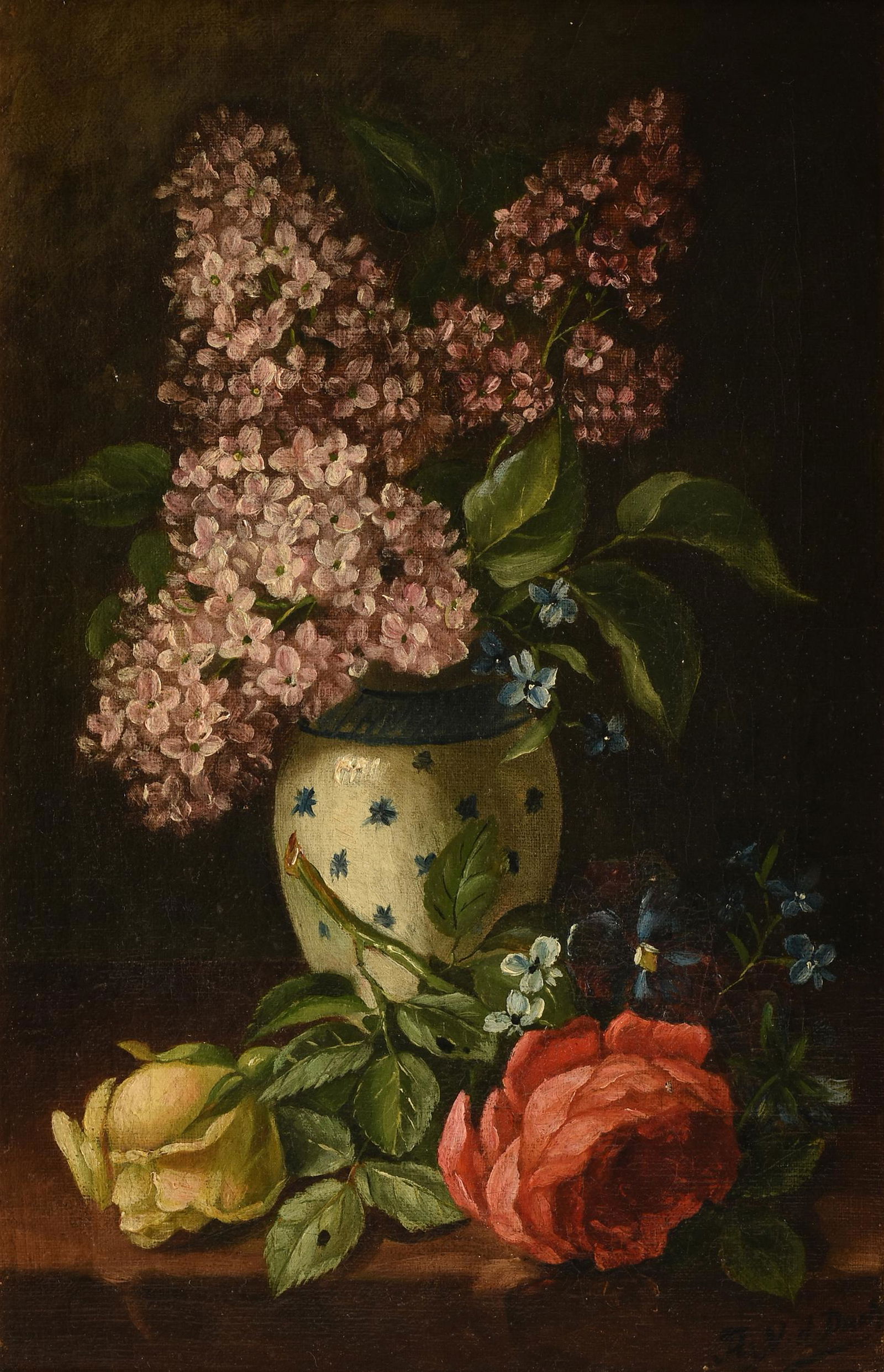 DUTCH SCHOOL, A PAINTING, "Floral Still Life," 19TH CENTURY,: DUTCH SCHOOL, A PAINTING, "Floral Still Life," 19TH CENTURY, oil on canvas, indistinctly signed L/R, "A(?)z . V. d. Dauls(?)," stretcher indistinctly marked, "Verschuysen / 15 Rue Leopold 15;" 14 1/4'