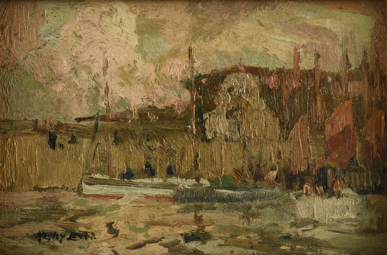 HAYLEY LEVER (Australian/American 1876-1958) A PAINTING, "St. Ives, Cornwall," 1909,: HAYLEY LEVER (Australian/American 1876-1958) A PAINTING, "St. Ives, Cornwall," 1909, oil on wood panel, signed L/L "Hayley Lever," verso a later inscription in marker reads, "ST IVES - CORNWALL ENG -1