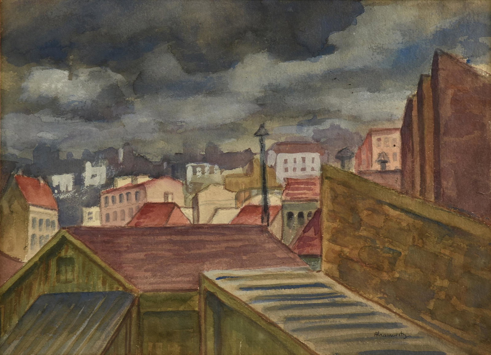 ALBERT ABRAMOVITZ (American 1879-1963) A WATERCOLOR, "Rooftops," 20TH CENTURY,: ALBERT ABRAMOVITZ (American 1879-1963) A WATERCOLOR, "Rooftops," 20TH CENTURY, watercolor on paper, signed L/R "Abramovitz;" 10 1/2'' x 14 1/2'', framed 17 3/4'' x 21 3/4''.