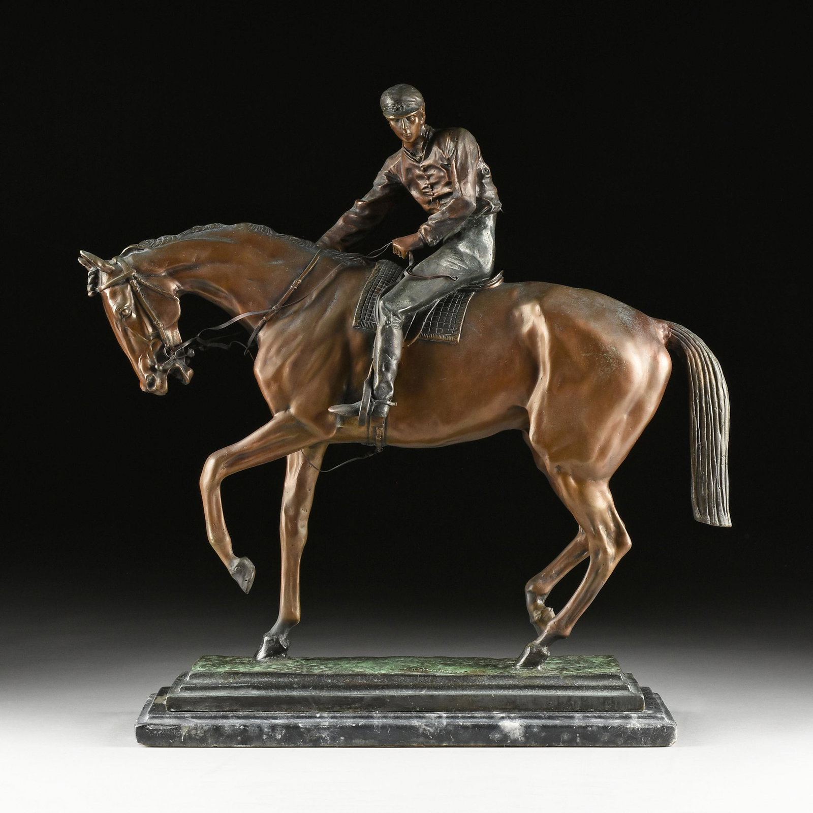 after ISIDORE BONHEUR (French 1827-1901) A BRONZE EQUESTRIAN SCULPTURE, "Le Grand Jockey," 20TH: after ISIDORE BONHEUR (French 1827-1901) A BRONZE EQUESTRIAN SCULPTURE, "Le Grand Jockey," 20TH CENTURY, patinated and verdis gris tinted cast bronze on stepped base and raised on a white veined black