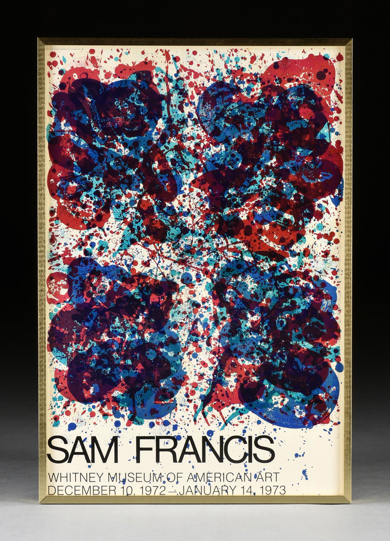 after SAM FRANCIS (American 1923-1994) A POSTER, "Sam Francis at the Whitney Museum," 1972,: after SAM FRANCIS (American 1923-1994) A POSTER, "Sam Francis at the Whitney Museum," 1972, photo offset poster on paper for a museum exhibition, verso old gallery label; 37'' x 24 1/2'', framed 38 1/