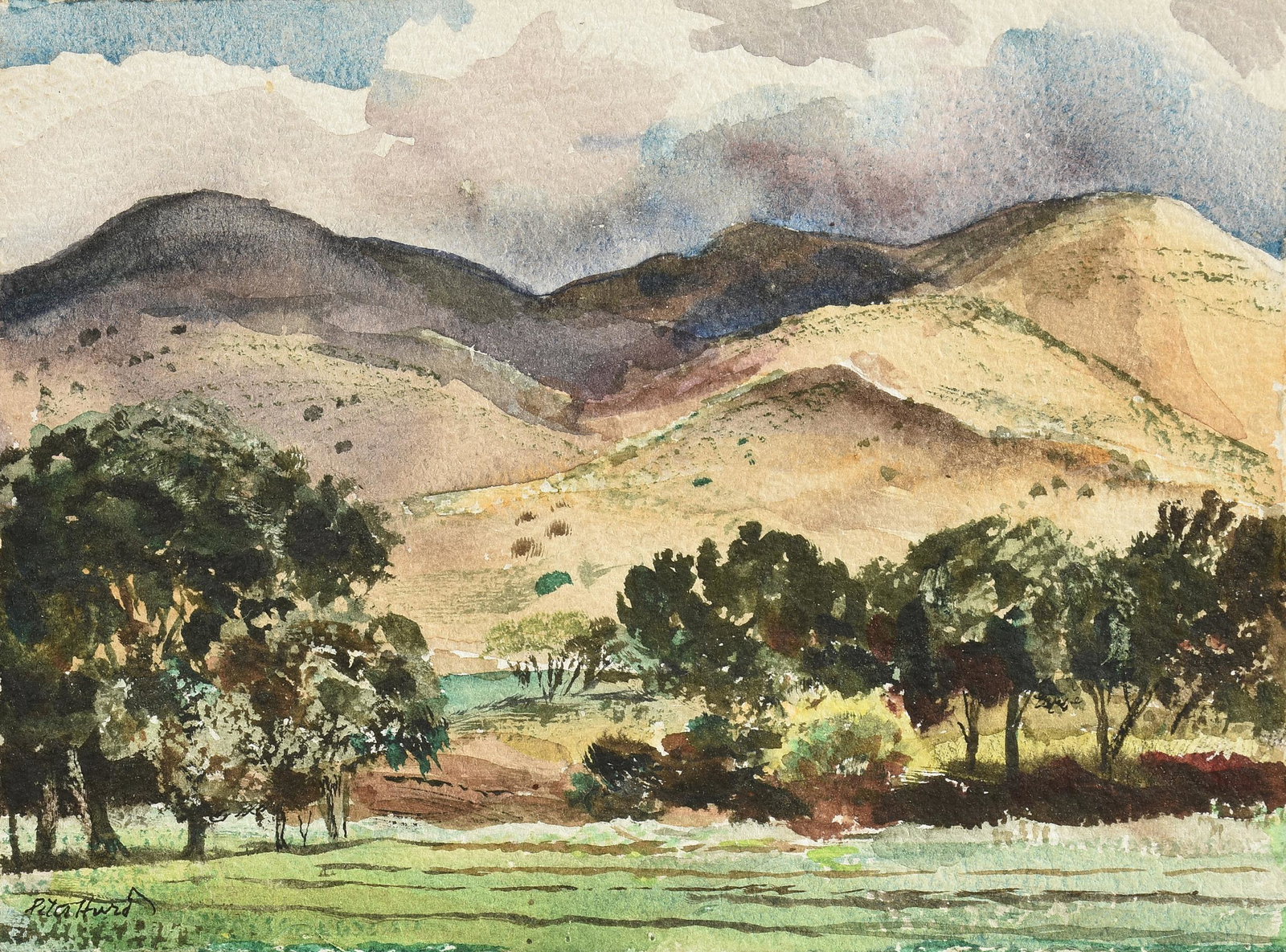 PETER HURD (American 1904-1984) A PAINTING, "Rain on the Mountains in Landscape,": PETER HURD (American 1904-1984) A PAINTING, "Rain on the Mountains in Landscape," watercolor on paper, signed L/L, "Peter Hurd," verso pencil inscriptions, 5 1/4" x 7 1/4".