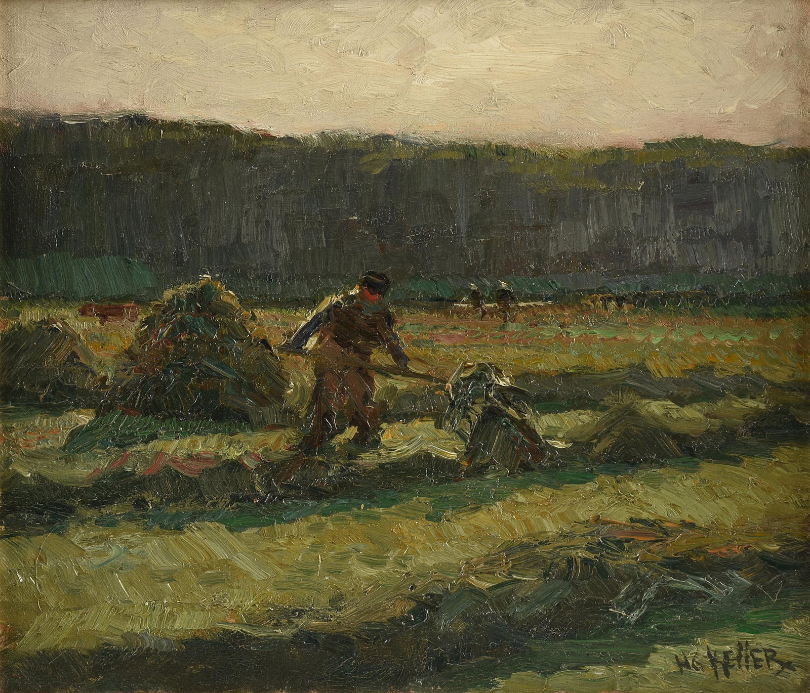 HENRY G. KELLER (American 1869-1945) A PAINTING, "Haystacks," 20TH CENTURY,: HENRY G. KELLER (American 1869-1945) A PAINTING, "Haystacks," 20TH CENTURY, oil on canvas, signed L/R "H G Keller," verso two Meredith Long & Company labels; 12 1/4'' x 14 1/4'', framed 18 1/2'' x 20 