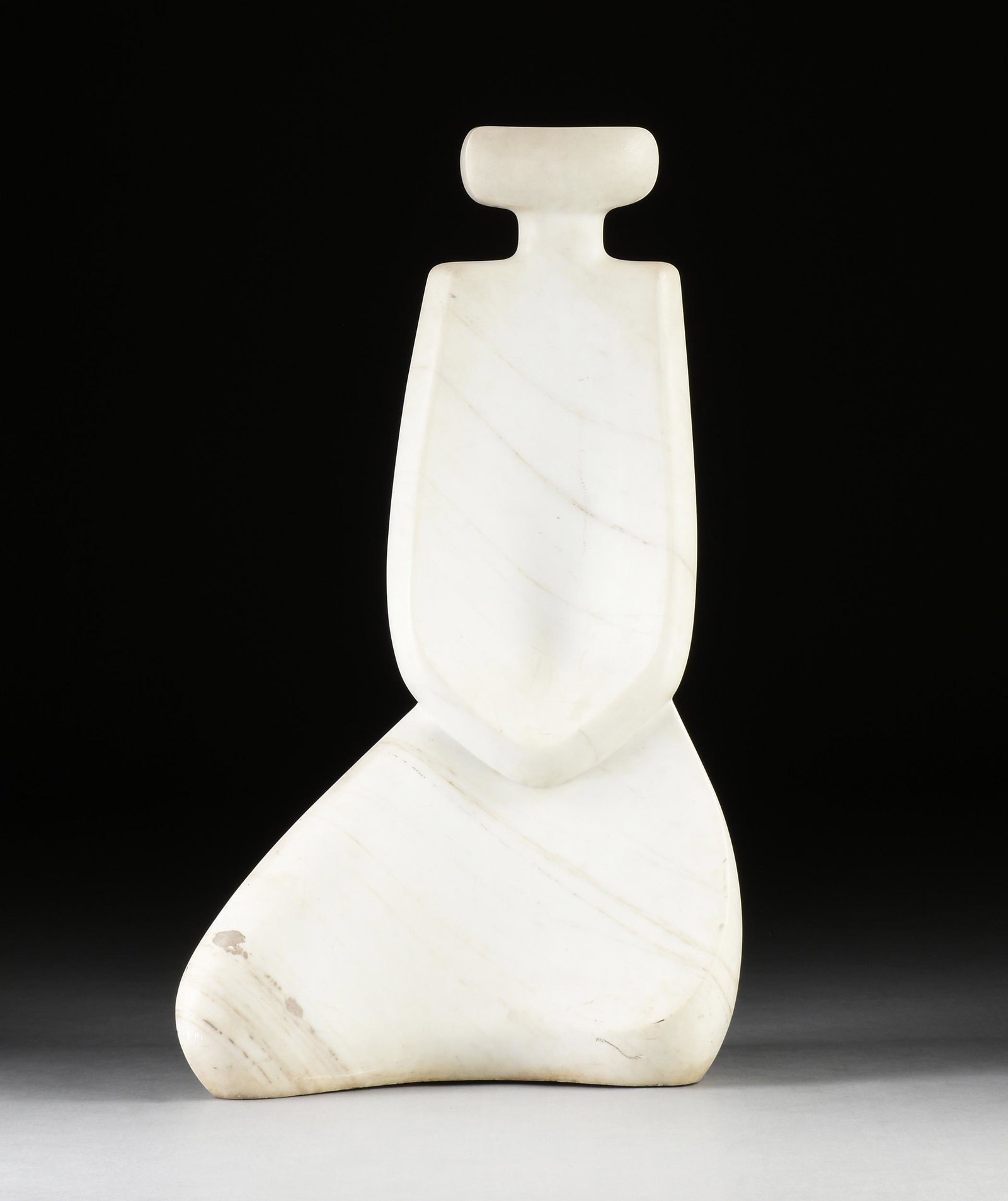DON SMALLEY (American b. 1953) A MINIMALIST MARBLE SCULPTURE, "Meditation," 1990,: DON SMALLEY (American b. 1953) A MINIMALIST MARBLE SCULPTURE, "Meditation," 1990, variegated white marble, signed and dated, "Smalley 90." Height: 47 1/2" Width: 27" Depth: 18"