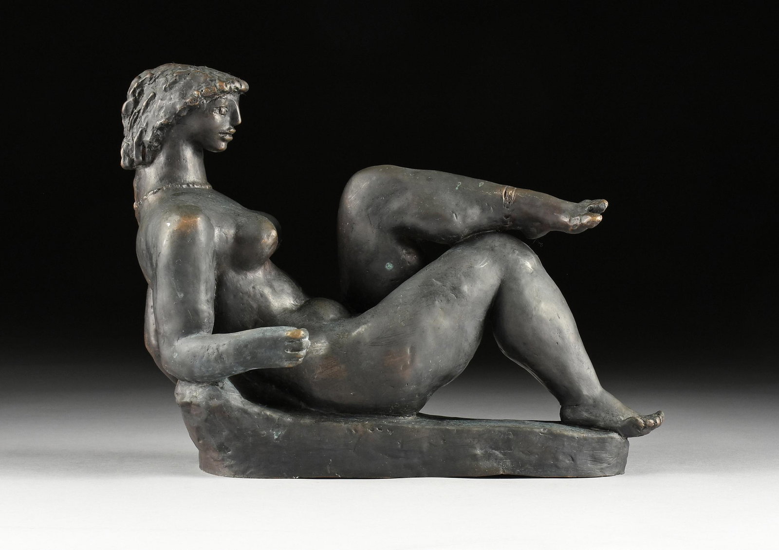 JENO KERENYI (Hungarian 1908-1975) AN EROTIC SCULPTURE, "Reclining Nude," 1961,: JENO KERENYI (Hungarian 1908-1975) AN EROTIC SCULPTURE, "Reclining Nude," 1961, cast bronze, signed in monogram, "K.J.," and dated "'61," in bronze, special edition 95/100, the reclining nude woman wi