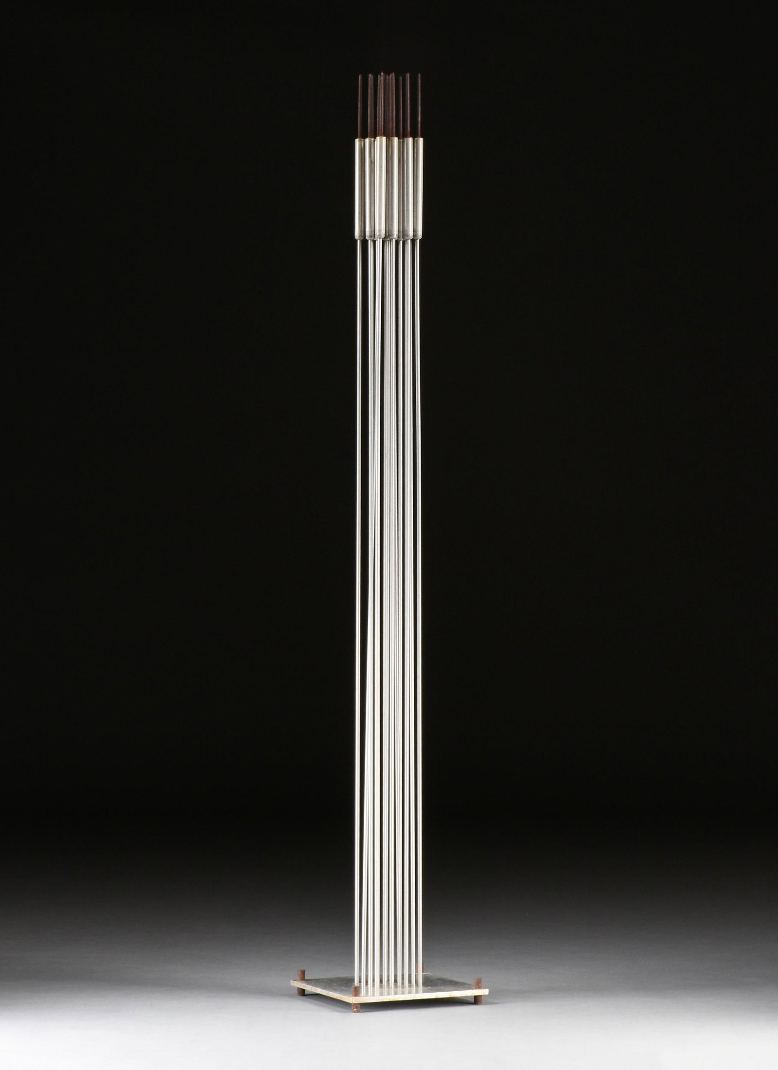 circle of HARRY BERTOIA (Italian/American 1915-1978) A SOUND SCULPTURE, "Sixteen Cattail Rods,": circle of HARRY BERTOIA (Italian/American 1915-1978) A SOUND SCULPTURE, "Sixteen Cattail Rods," 1970s, aluminum and iron, signed and dated faintly on base underside. Height: 86" Width: 14" Depth: 14"