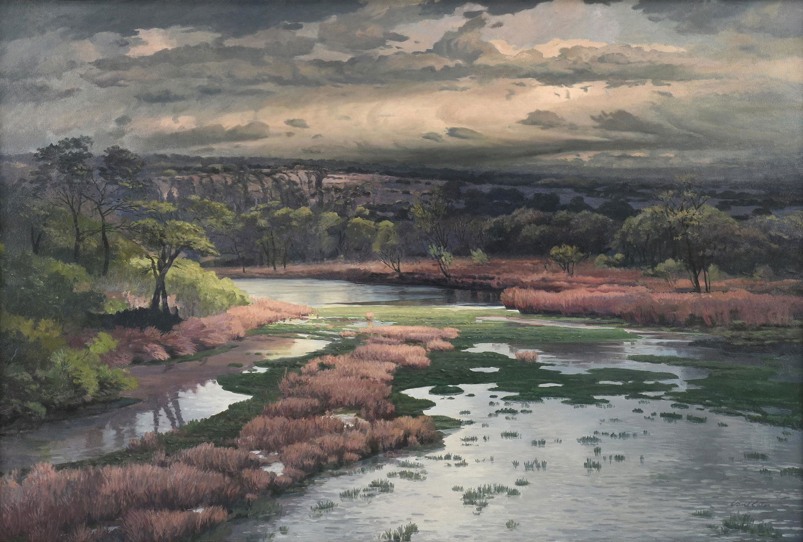 DAVID CATON (American/Texas b. 1955) A PAINTING, "Llano River," 1994,: DAVID CATON (American/Texas b. 1955) A PAINTING, "Llano River," 1994, oil on canvas, signed L/R, "David Caton," gallery label on the stretcher; 36'' x 54'', framed 37'' x 55''. Provenance: Harris Gall