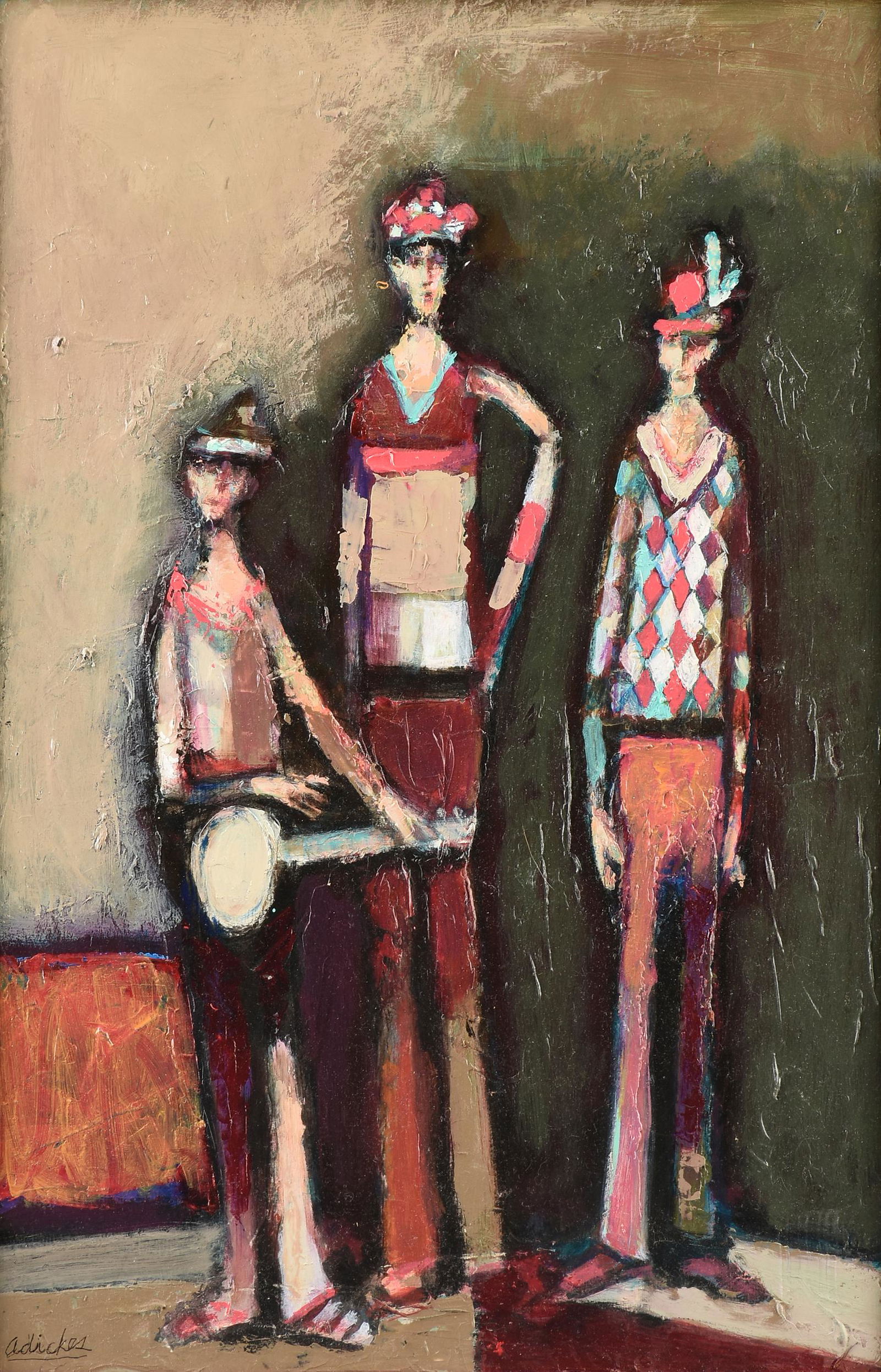 DAVID ADICKES (American/Texas b. 1927) A PAINTING, "Friends with Banjo," 2008,: DAVID ADICKES (American/Texas b. 1927) A PAINTING, "Friends with Banjo," 2008, acrylic on board, signed L/L, "Adickes," verso Adickes Studio label with the title, date, and the artist's inventory