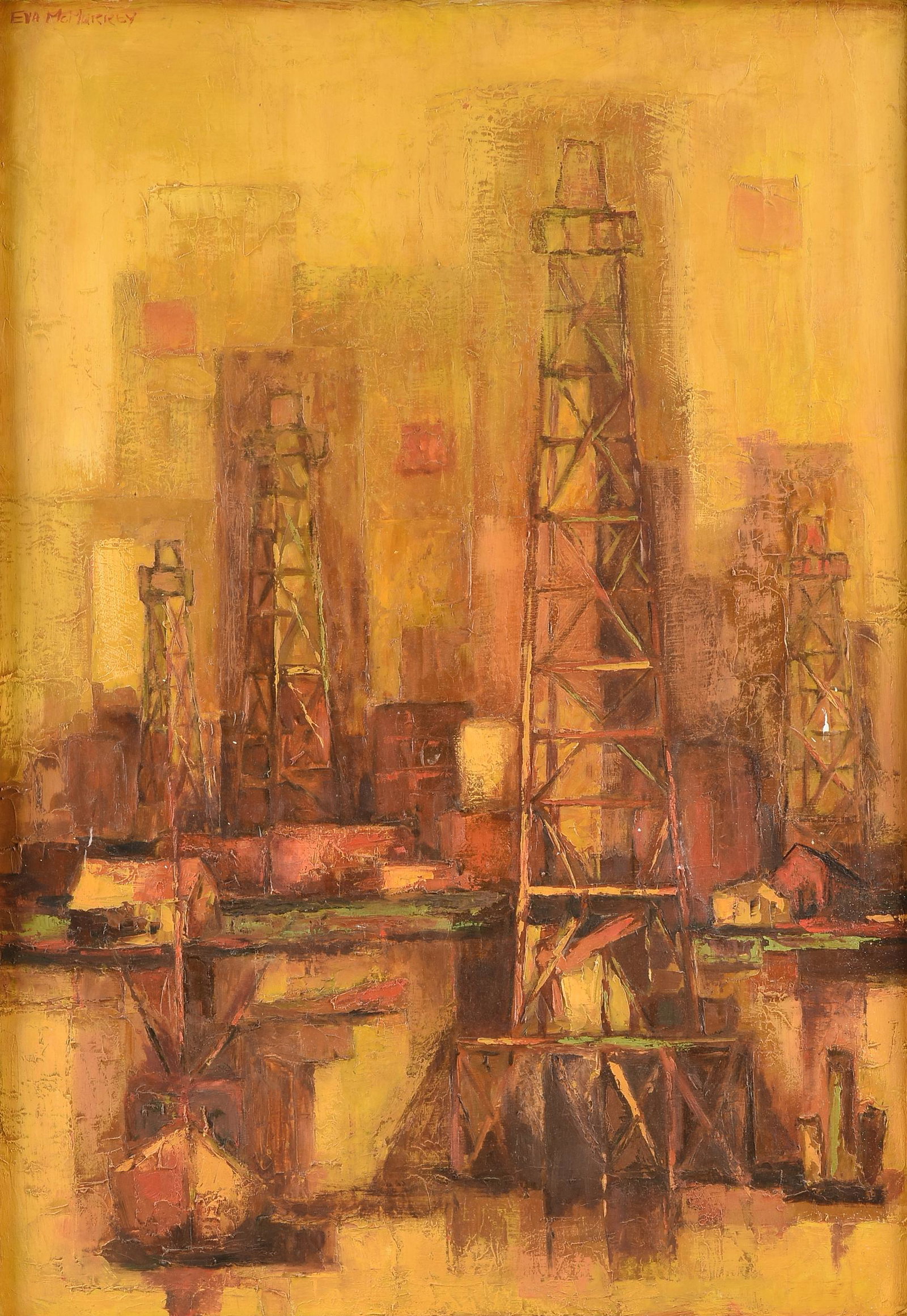 EVA MCMURREY (American/Texas) A PAINTING, "Oil Field," 20TH CENTURY,: EVA MCMURREY (American/Texas) A PAINTING, "Oil Field," 20TH CENTURY, oil on masonite, signed U/L, "Eva McMurrey;" 40" x 28", framed 44" x 32". Provenance: Collection of Rochelle Guidry, Houston, Texas