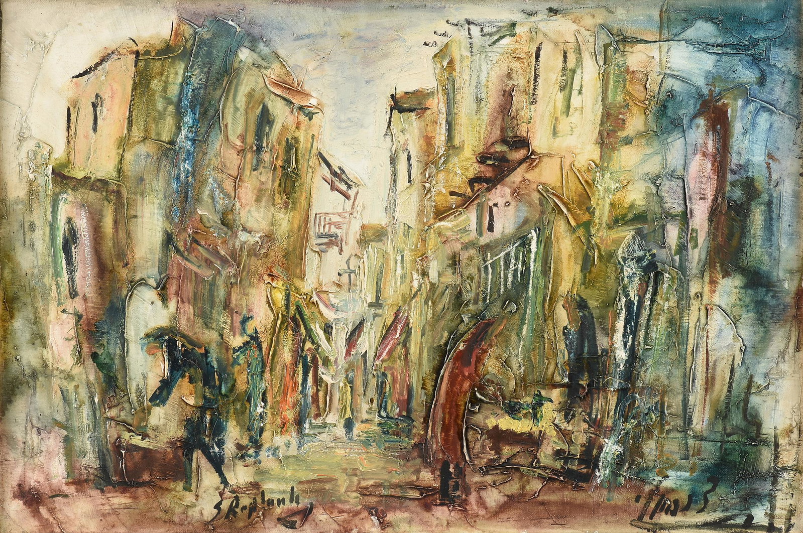 ZVI RAPHAELI (Israeli 1924-2005) A PAINTING, "Street in Safed," 20TH CENTURY,: ZVI RAPHAELI (Israeli 1924-2005) A PAINTING, "Street in Safed," 20TH CENTURY, oil on canvas, signed L/L "Z Raphaeli," indistinctly marked L/R, verso an old label from Safrai Art Gallery, Jerusale