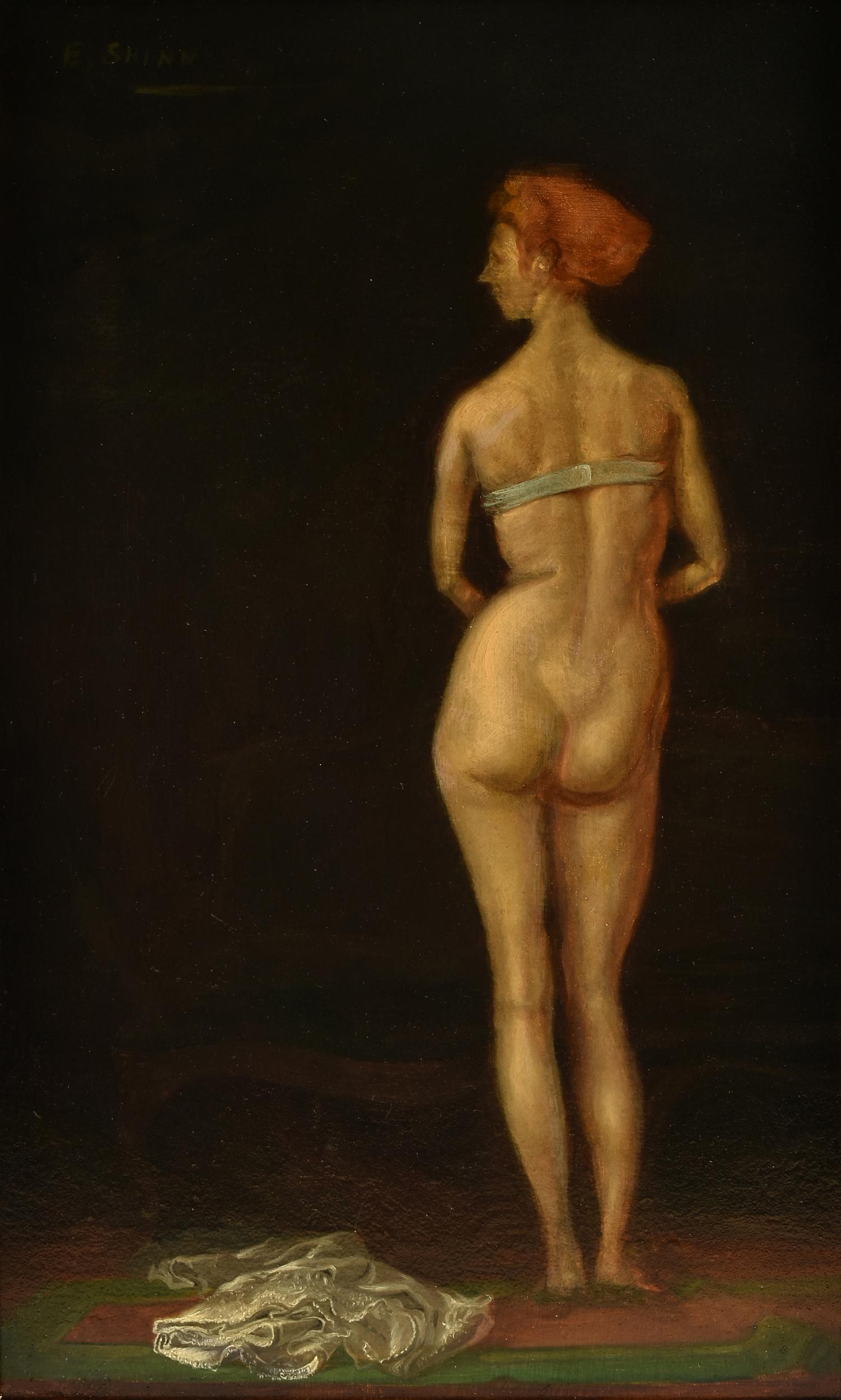 EVERETT SHINN (American 1876-1953) A PAINTING, "A Nude," 20TH CENTURY,: EVERETT SHINN (American 1876-1953) A PAINTING, "A Nude," 20TH CENTURY, oil on artist's board, signed U/L "E. Shinn;" 21 1/2'' x 13'', framed 26'' x 17 1/2''. Note: Everett Shinn was associated with th