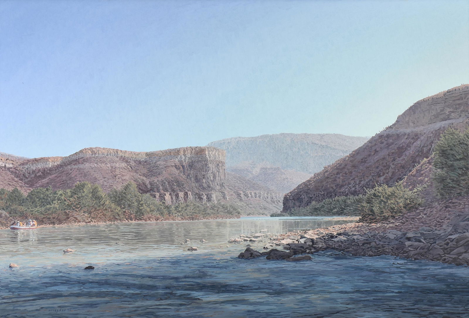 HENRY COE (American b. 1946) A PAINTING, "Morning on the Rio Grande," 1994,: HENRY COE (American b. 1946) A PAINTING, "Morning on the Rio Grande," 1994, oil on canvas, signed and dated L/L, "Henry Coe '94," verso label with title, artist's name, date and canvas dimensions ; 46