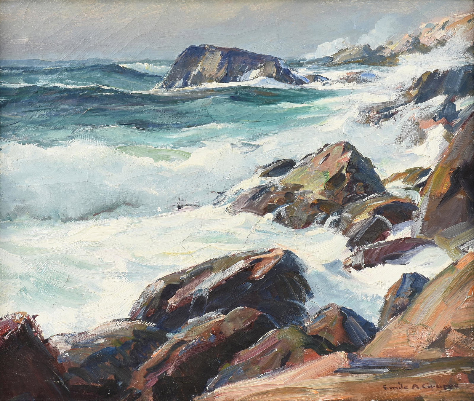 EMILE ALBERT GRUPPE (American 1896-1978) A PAINTING, "Bass Rocks Gloucester,": EMILE ALBERT GRUPPE (American 1896-1978) A PAINTING, "Bass Rocks Gloucester," oil on canvas, signed L/R, "Emile A. Gruppe," verso titled on top stretcher bar; 25" x 30", framed 30" x 35".