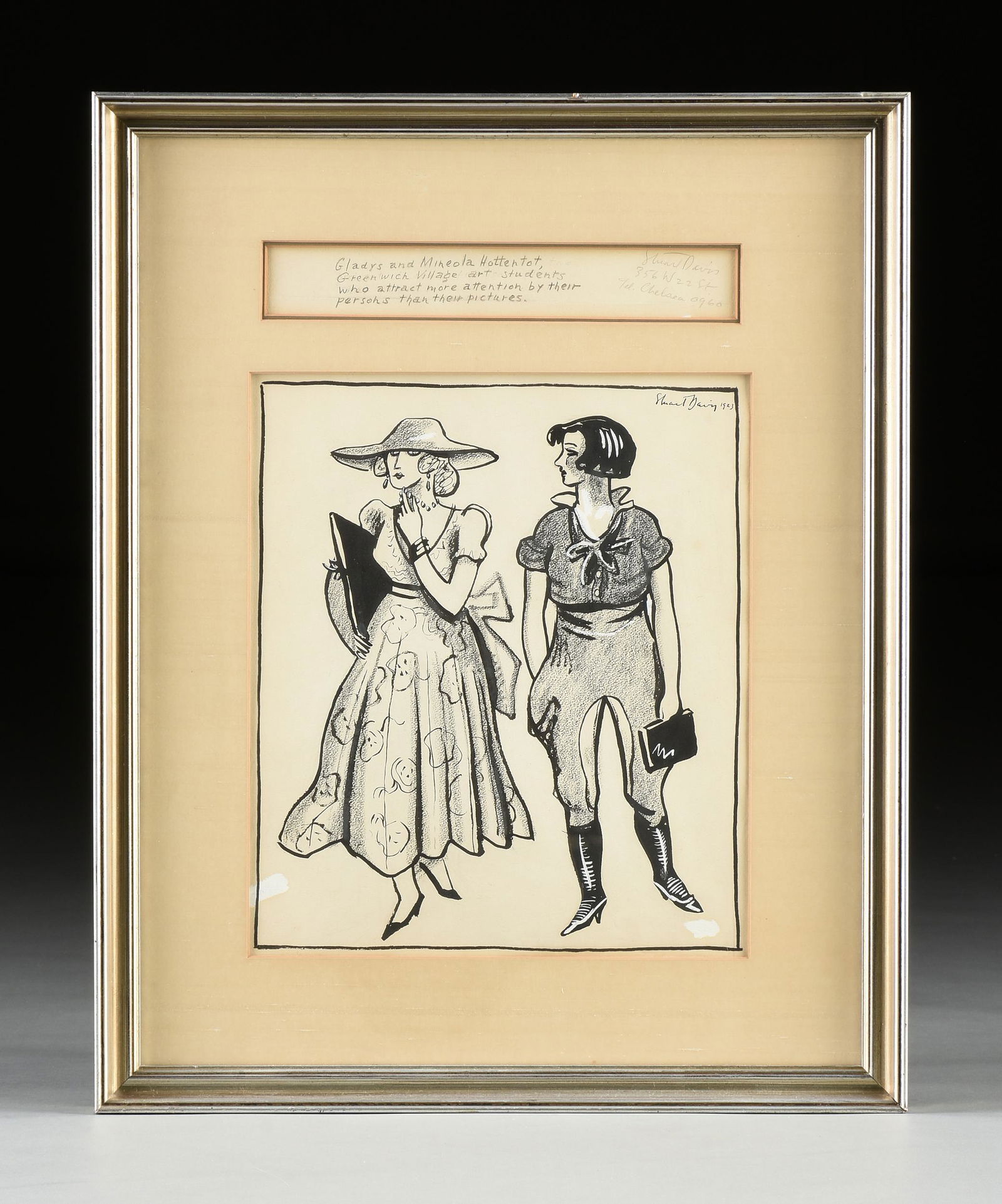 STUART DAVIS (American 1892-1964) A DRAWING, "Gladys and Mineola Hottentot," NEW YORK, 1923,: STUART DAVIS (American 1892-1964) A DRAWING, "Gladys and Mineola Hottentot," NEW YORK, 1923, conte crayon, ink and watercolor illustration on paper, signed and dated ink U/R, "Stuart Davis 1923," with