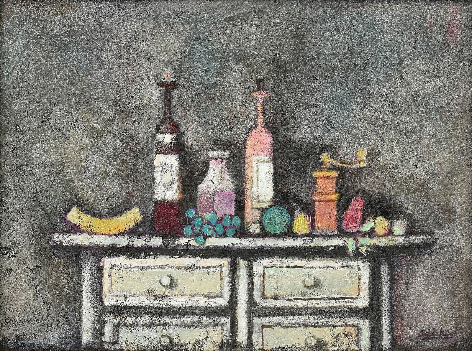DAVID ADICKES (American/Texas b. 1927) A PAINTING, "Chest with Still Life," 2009,: DAVID ADICKES (American/Texas b. 1927) A PAINTING, "Chest with Still Life," 2009, acrylic and coffee on board, signed L/R, "Adickes," verso Adickes Studio label #0195; 26 1/2'' x 35 3/4'', framed 33''