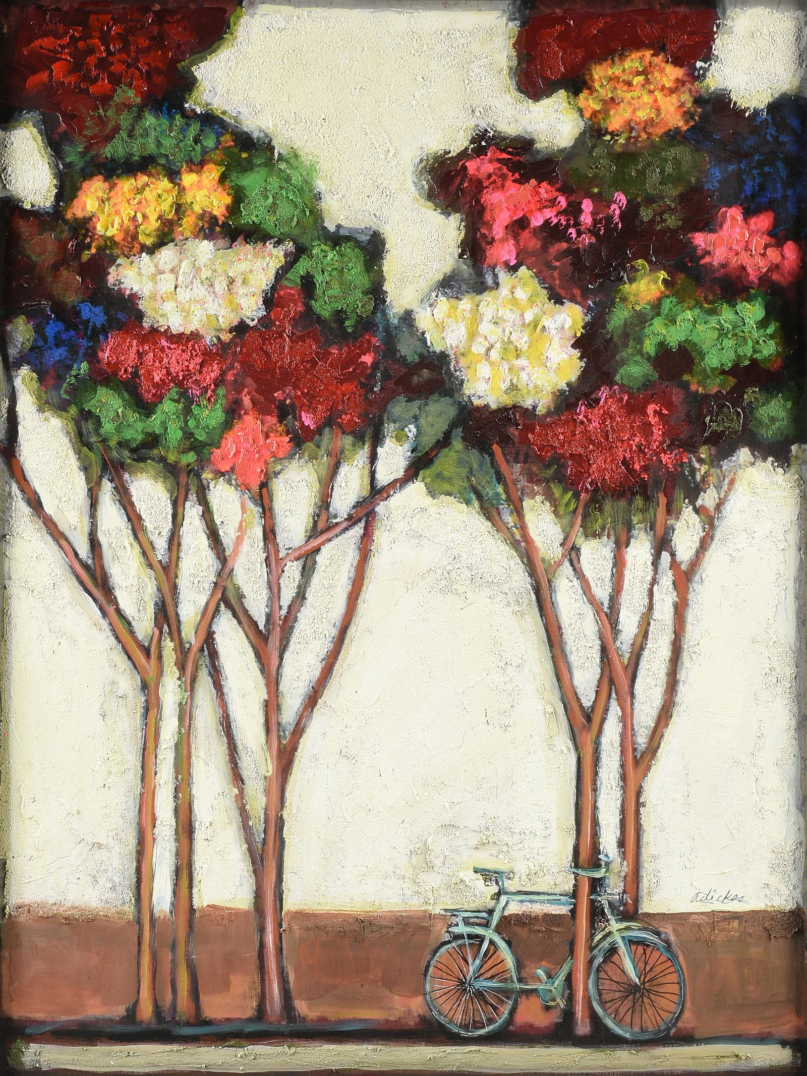 DAVID ADICKES (American/Texas b. 1927) A PAINTING, "Flowering Trees and Bicycle," CIRCA 2010,: DAVID ADICKES (American/Texas b. 1927) A PAINTING, "Flowering Trees and Bicycle," CIRCA 2010, acrylic and texture on board, signed L/R, "Adickes;" 39 1/2'' x 29 1/2'', framed 41'' x 31''.